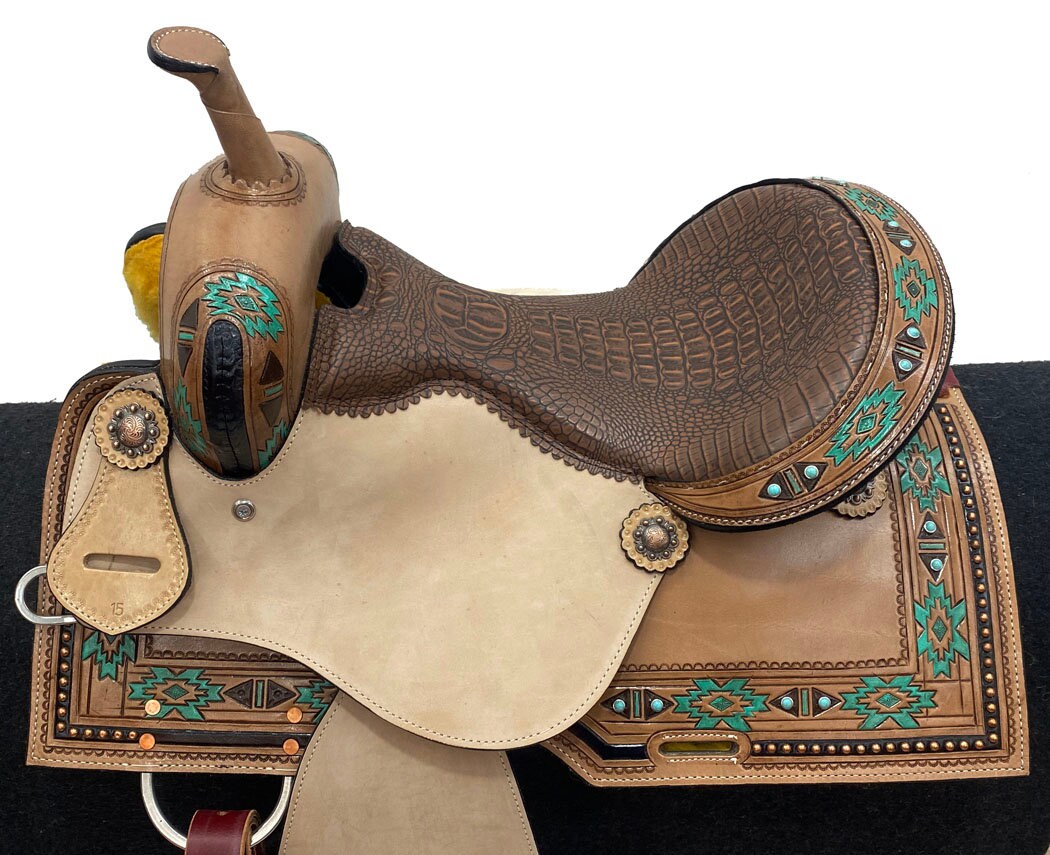 MOUSM Western Saddle - Genuine Leather Barrel Saddle Built on a Rawhide Covered Fiber Tree, Hand-Tooled Aztec Design with Fancy Concho, Seat Size: 14"-17" Inches