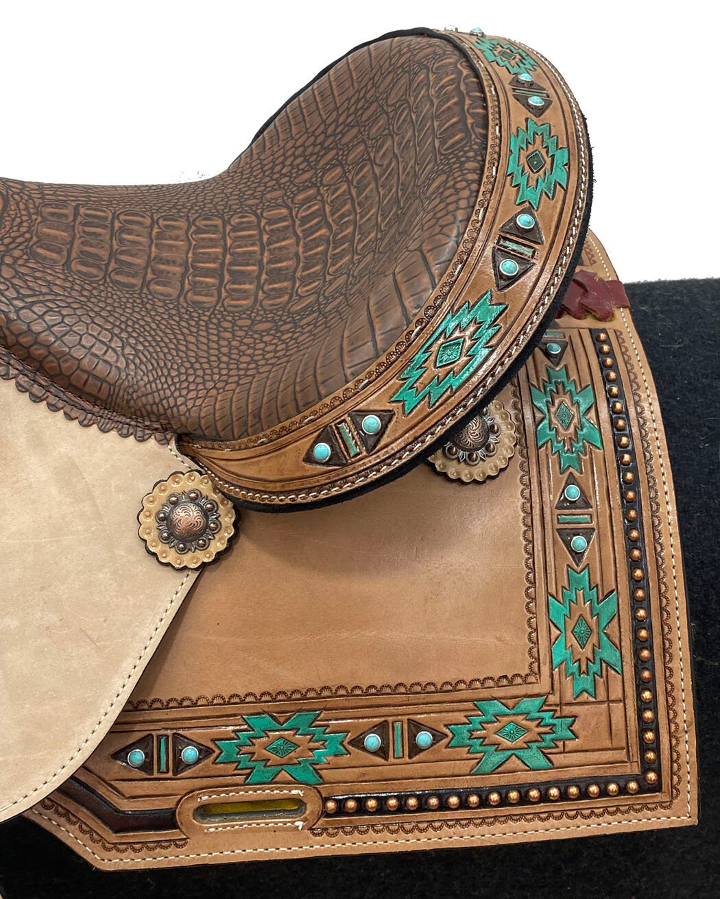 MOUSM Western Saddle - Genuine Leather Barrel Saddle Built on a Rawhide Covered Fiber Tree, Hand-Tooled Aztec Design with Fancy Concho, Seat Size: 14"-17" Inches