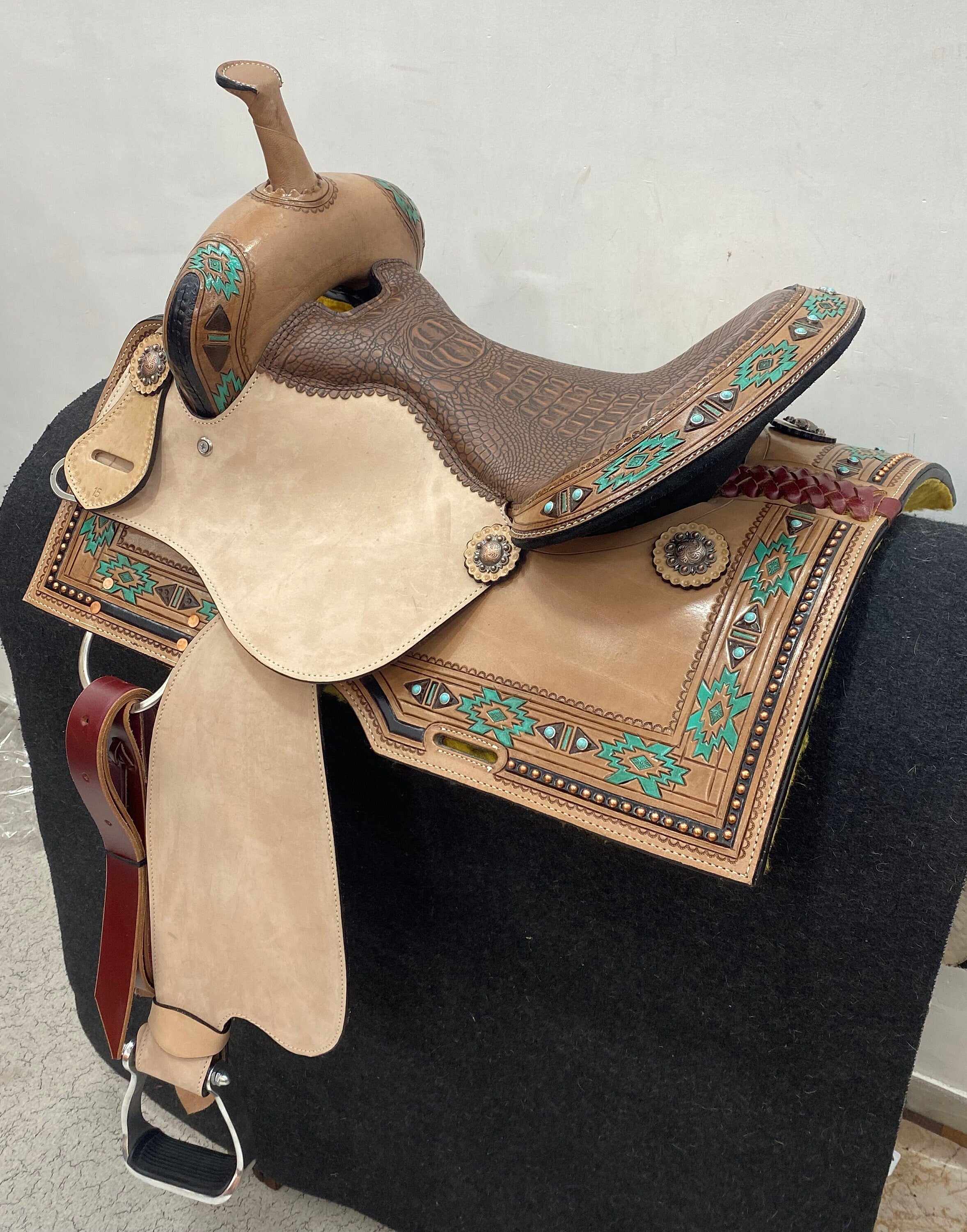 MOUSM Western Saddle - Genuine Leather Barrel Saddle Built on a Rawhide Covered Fiber Tree, Hand-Tooled Aztec Design with Fancy Concho, Seat Size: 14"-17" Inches