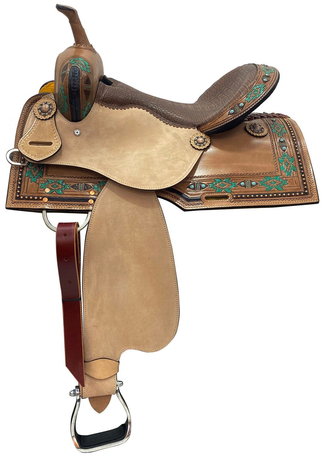 MOUSM Western Saddle - Genuine Leather Barrel Saddle Built on a Rawhide Covered Fiber Tree, Hand-Tooled Aztec Design with Fancy Concho, Seat Size: 14"-17" Inches