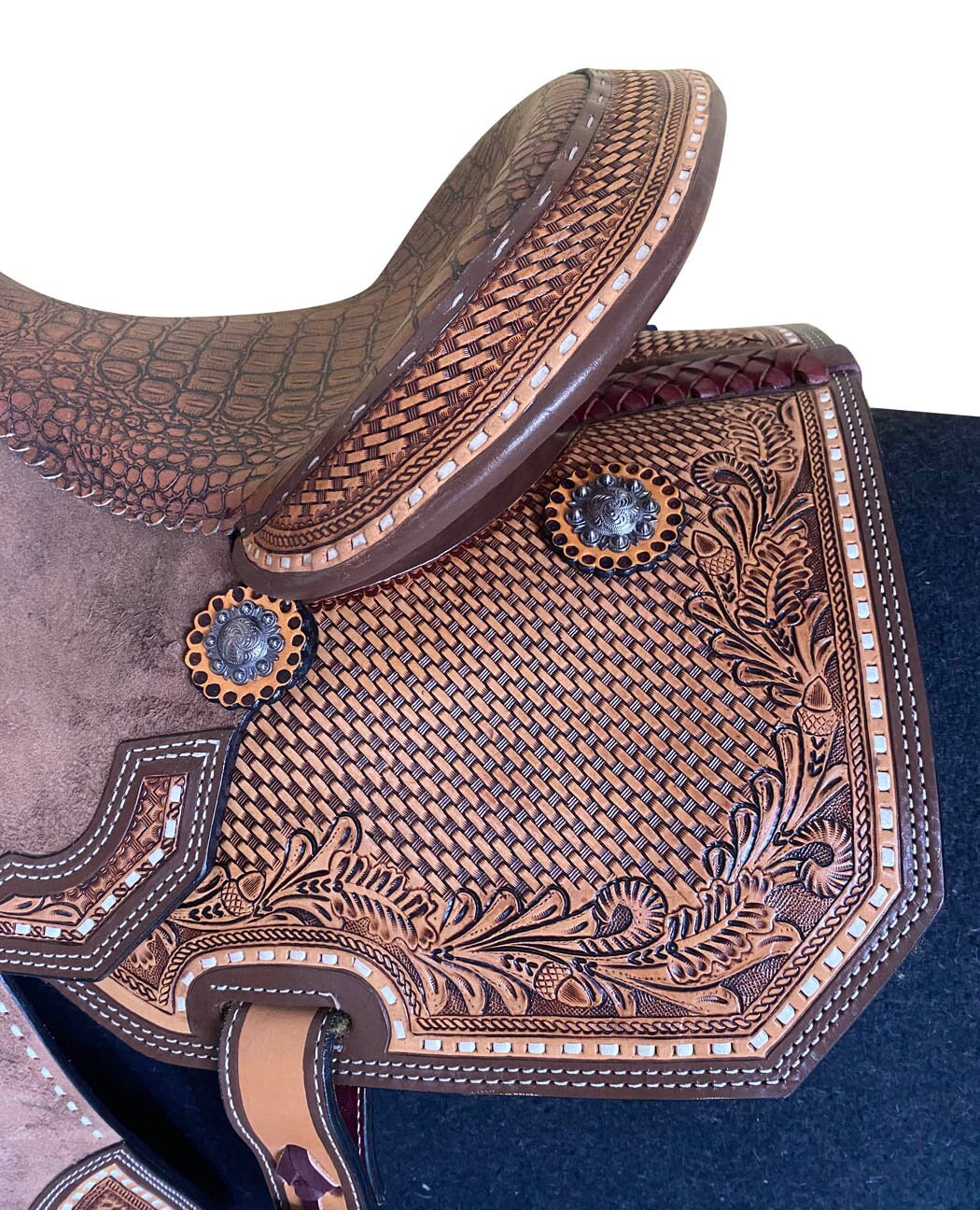 MOUSM Western Barrel Racing Saddle - Premium Argentina Leather Saddle Handcrafted with Basket Tooling and Carved Floral Design, Seat Size: 14"-17" Inches