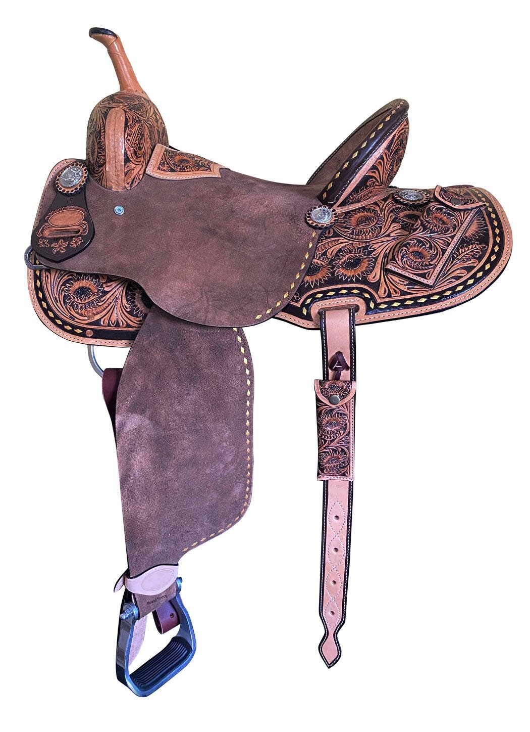 MOUSM Western Saddle – Made From Genuine Argentina Leather With Hand-Tooled Floral Design, Built On a Rawhide-Covered Fiber Tree, Seat Size: 14"–17"