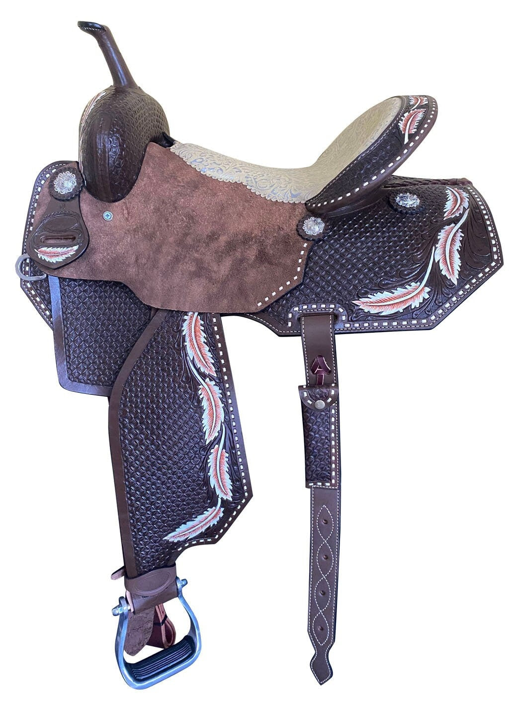 MOUSM Western Barrel Racing Saddle - Handcrafted with Colorful Feather Carving, Argentina Cow Leather Saddle Built On a Rawhide-Covered Fiber Tree, Seat Size: 14"–17" Inches