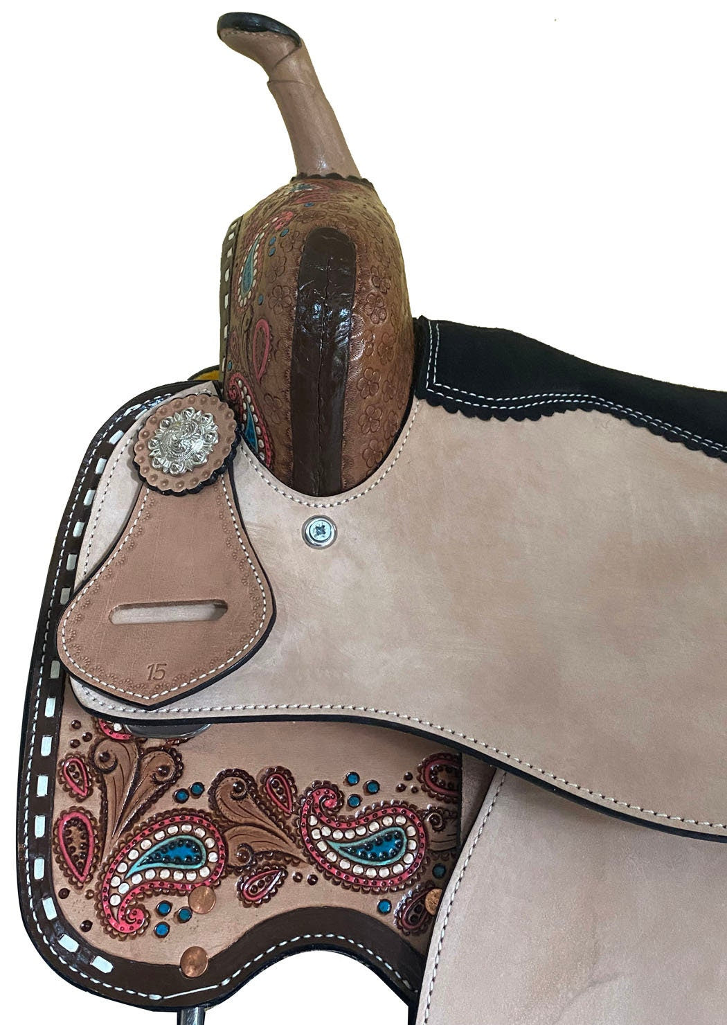MOUSM Western Barrel Saddle - Genuine Leather Saddle Hand-Carved Paisley and Flower Design, Built On a Rawhide Covered Fiber Tree, Seat Sizes: 14"-17" Inches