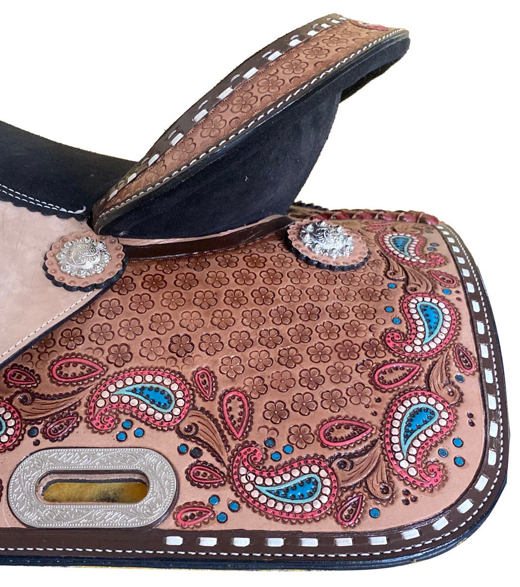 MOUSM Western Barrel Saddle - Genuine Leather Saddle Hand-Carved Paisley and Flower Design, Built On a Rawhide Covered Fiber Tree, Seat Sizes: 14"-17" Inches