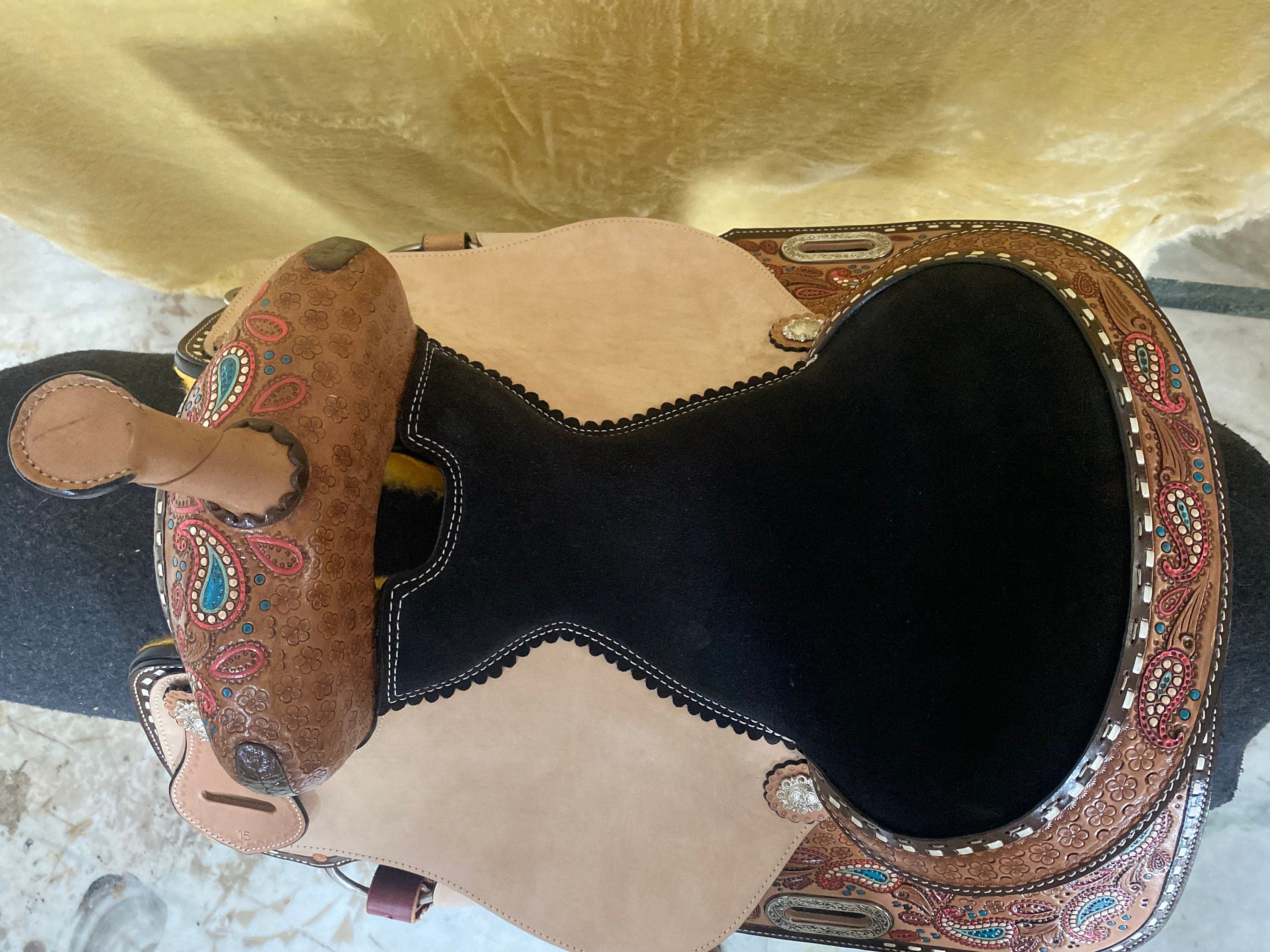 MOUSM Western Barrel Saddle - Genuine Leather Saddle Hand-Carved Paisley and Flower Design, Built On a Rawhide Covered Fiber Tree, Seat Sizes: 14"-17" Inches