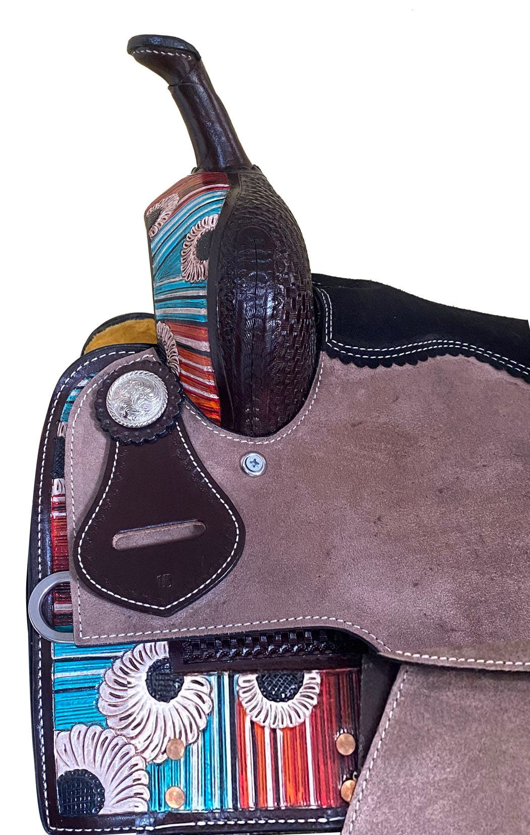 MOUSM Western Barrel Saddle - Genuine Leather Horse Saddle Build on a Rawhide Covered Fiber Tree, Colorful Vintage Design Carved and Fancy Concho, Available Seat Sizes: 14"-17"Inches