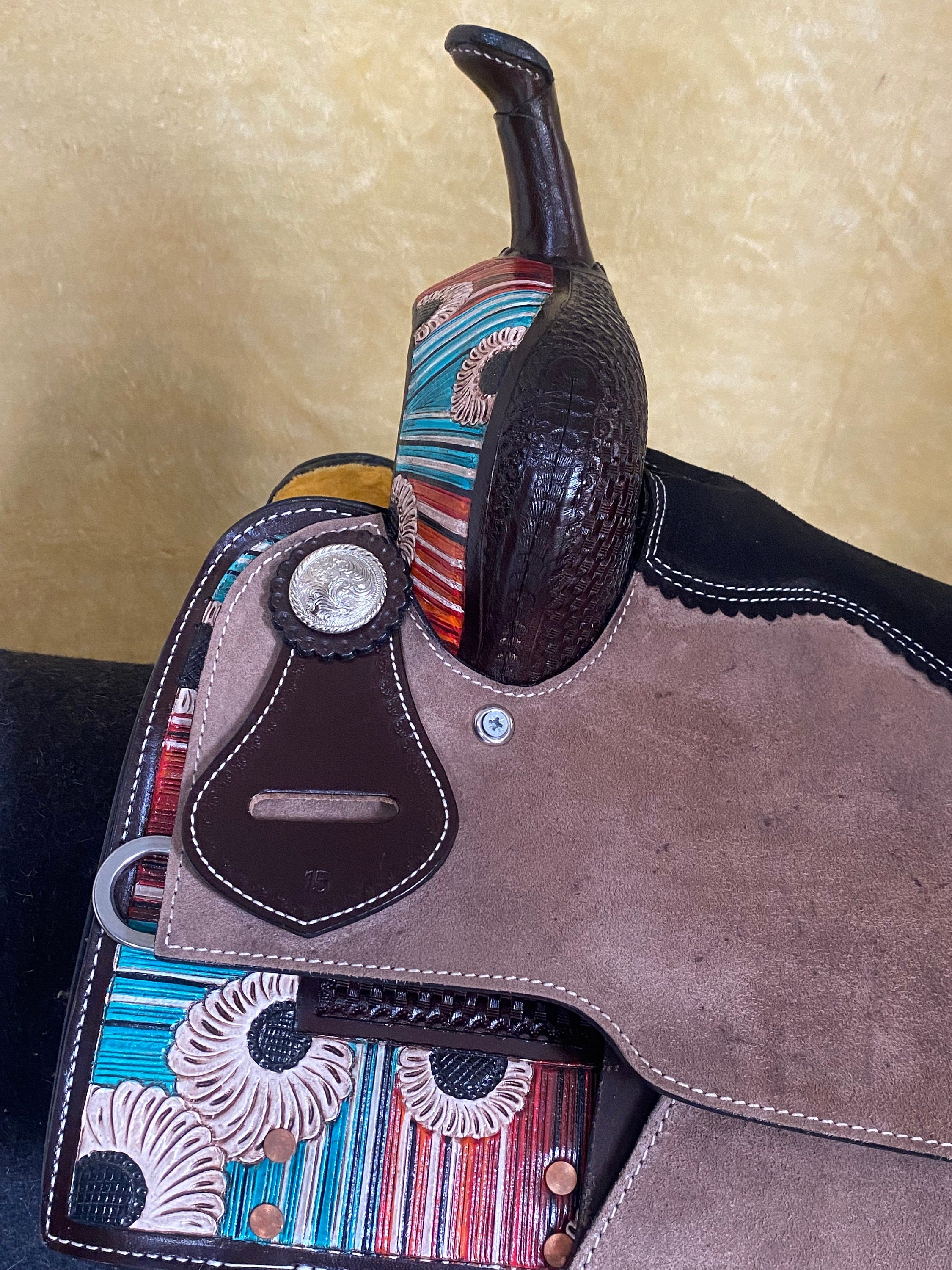 MOUSM Western Barrel Saddle - Genuine Leather Horse Saddle Build on a Rawhide Covered Fiber Tree, Colorful Vintage Design Carved and Fancy Concho, Available Seat Sizes: 14"-17"Inches