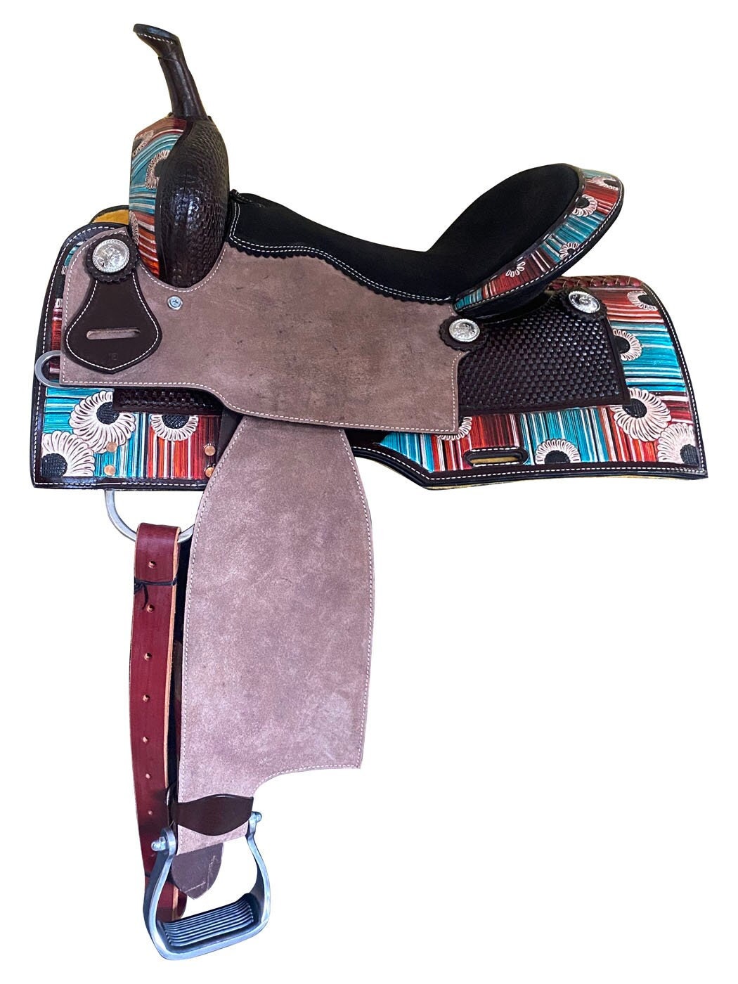 MOUSM Western Barrel Saddle - Genuine Leather Horse Saddle Build on a Rawhide Covered Fiber Tree, Colorful Vintage Design Carved and Fancy Concho, Available Seat Sizes: 14"-17"Inches