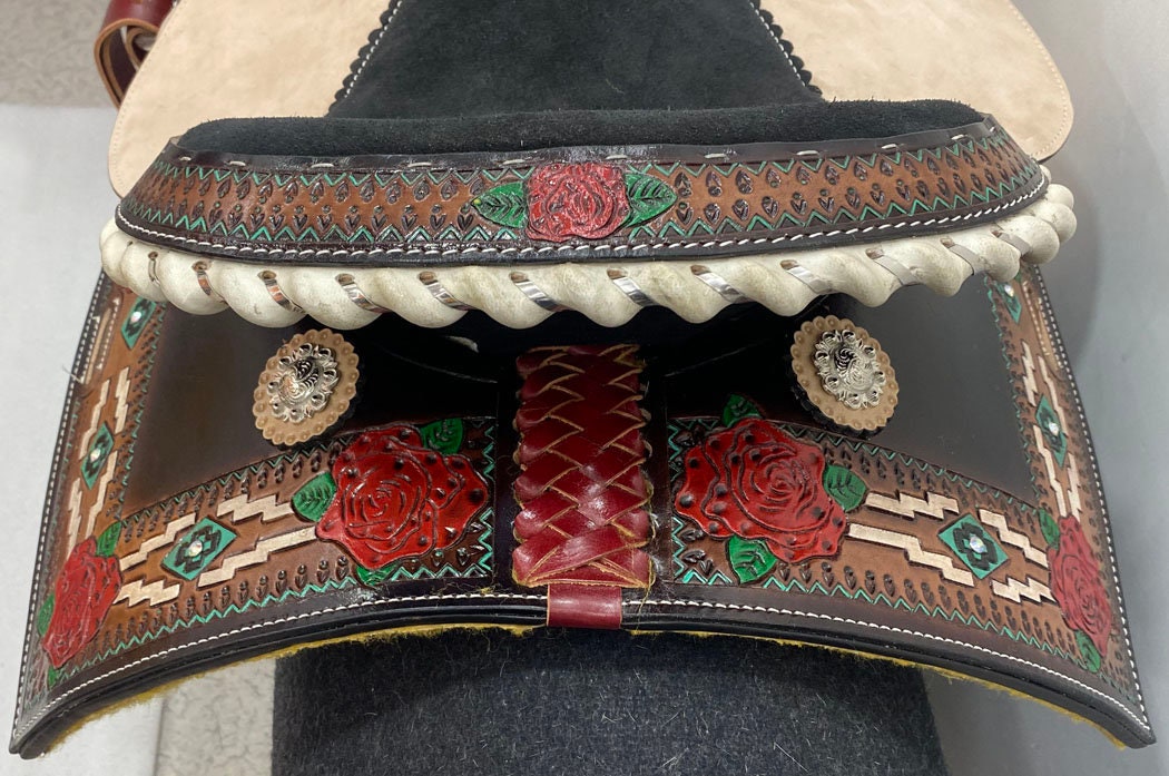 MOUSM Western Saddle - Genuine Leather Vintage Racing Horse Saddle Hand-Tooled Rose Design, Build on a Rawhide Covered Strong Fiber Tree, Available Seat Sizes: 14"-17"Inches