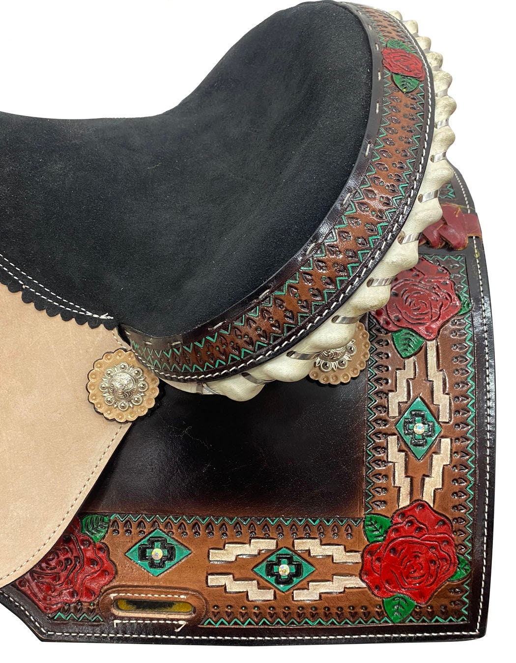 MOUSM Western Saddle - Genuine Leather Vintage Racing Horse Saddle Hand-Tooled Rose Design, Build on a Rawhide Covered Strong Fiber Tree, Available Seat Sizes: 14"-17"Inches