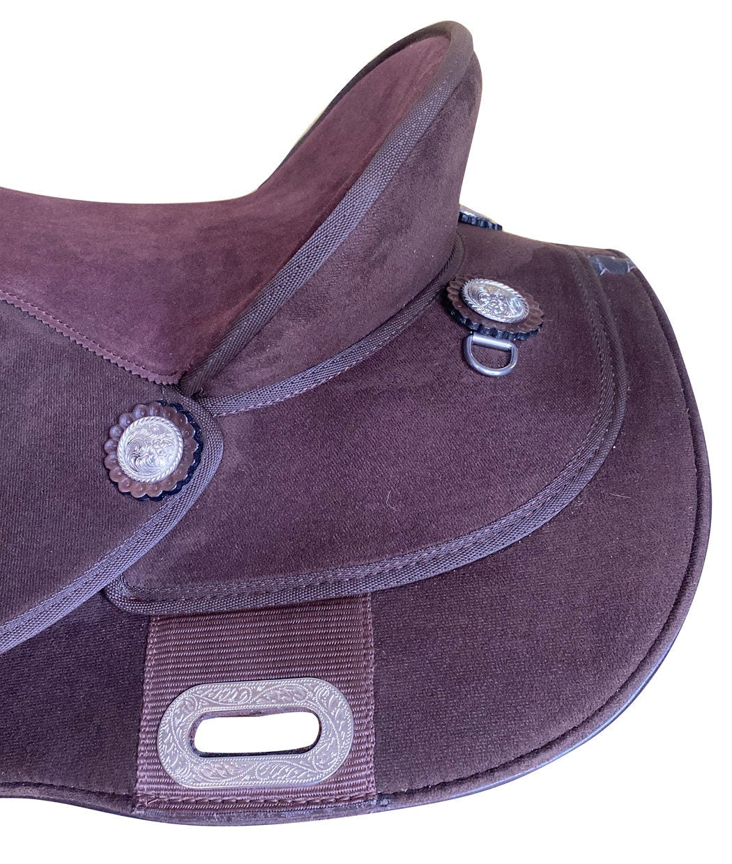 MOUSM Western Barrel Saddle - Made from Synthetic Suede Leather Build on a Strong Fiber Tree- Rawhide Covered & Fancy Concho, Seat Size: 14"–17" Inches