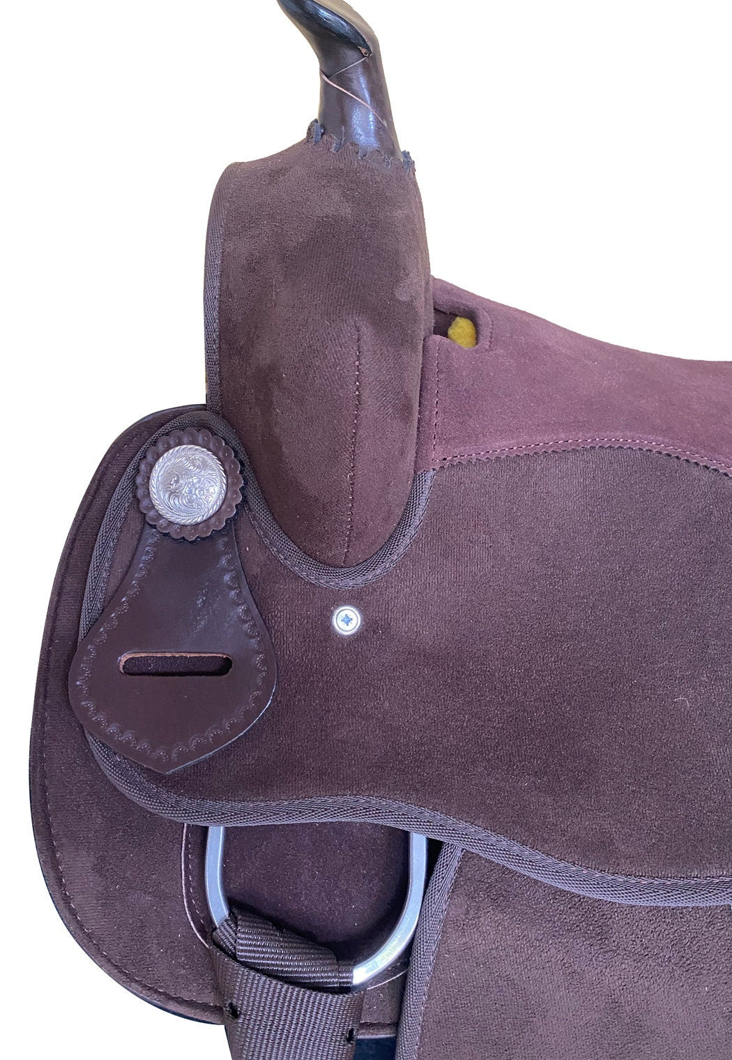 MOUSM Western Barrel Saddle - Made from Synthetic Suede Leather Build on a Strong Fiber Tree- Rawhide Covered & Fancy Concho, Seat Size: 14"–17" Inches