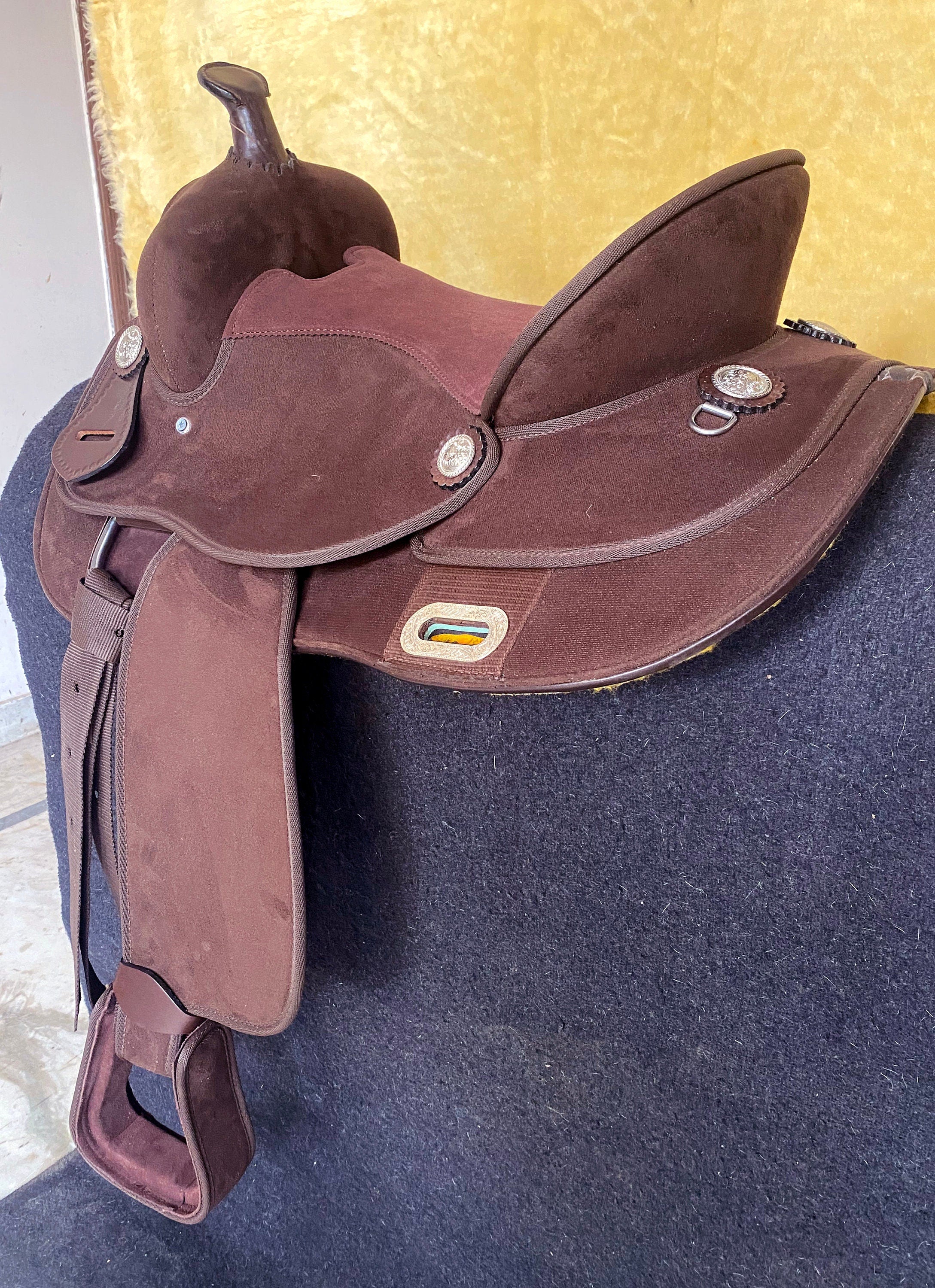 MOUSM Western Barrel Saddle - Made from Synthetic Suede Leather Build on a Strong Fiber Tree- Rawhide Covered & Fancy Concho, Seat Size: 14"–17" Inches