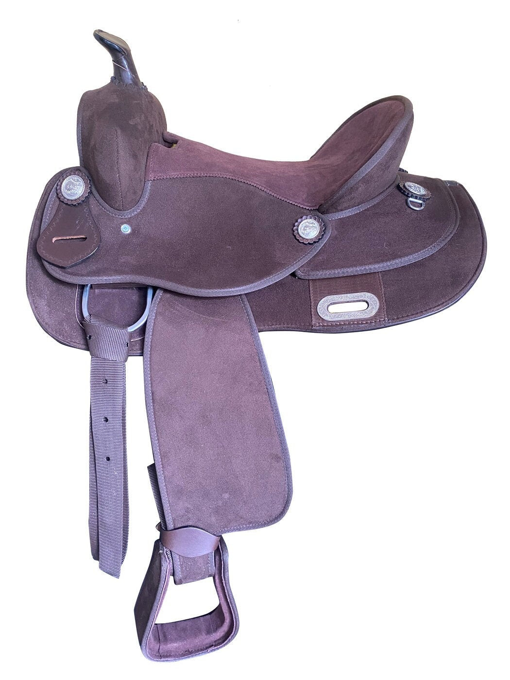 MOUSM Western Barrel Saddle - Made from Synthetic Suede Leather Build on a Strong Fiber Tree- Rawhide Covered & Fancy Concho, Seat Size: 14"–17" Inches