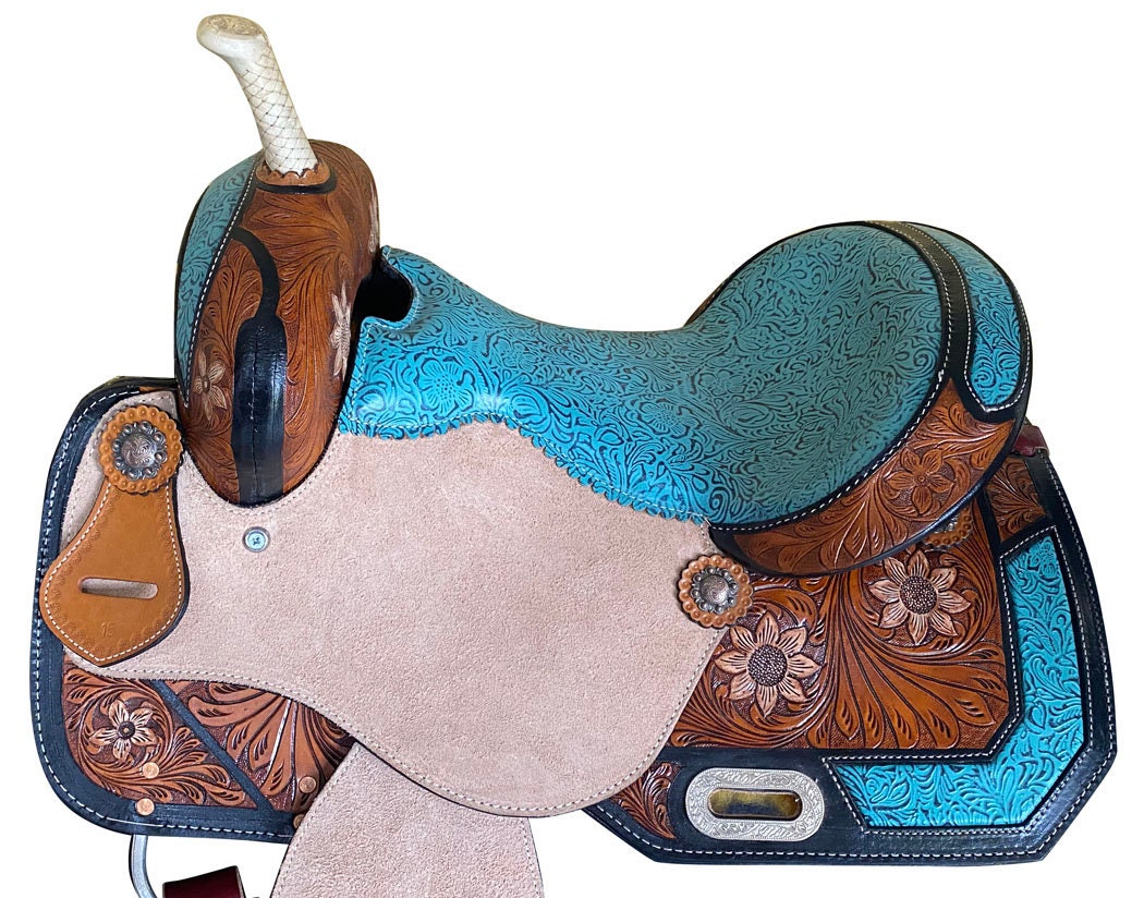 MOUSM Western Horse Saddle - Built on a Rawhide Covered Fiber Tree, Genuine Leather Barrel Saddle with Hand-Tooled Flower Design and Fancy Concho, Seat Size: 14"-17" Inches