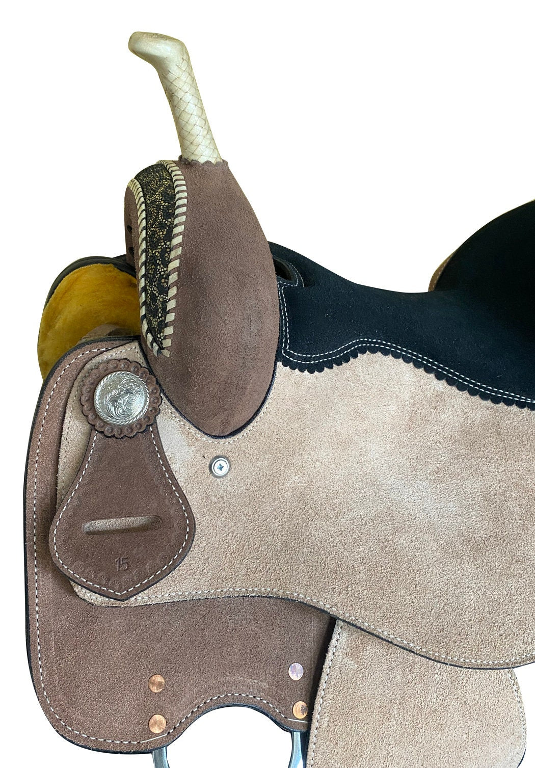 MOUSM Western Barrel Saddle - Made from Genuine Leather with Leopard Corner Patch, Built on a Rawhide Covered Fiber Tree, Available in 13” to 17” Options