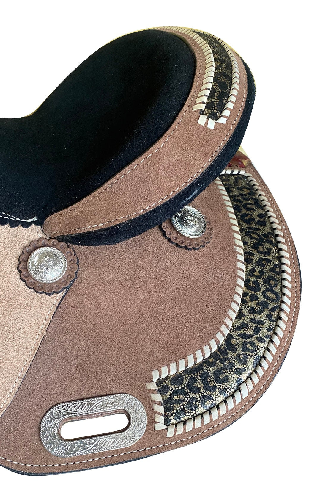 MOUSM Western Barrel Saddle - Made from Genuine Leather with Leopard Corner Patch, Built on a Rawhide Covered Fiber Tree, Available in 13” to 17” Options