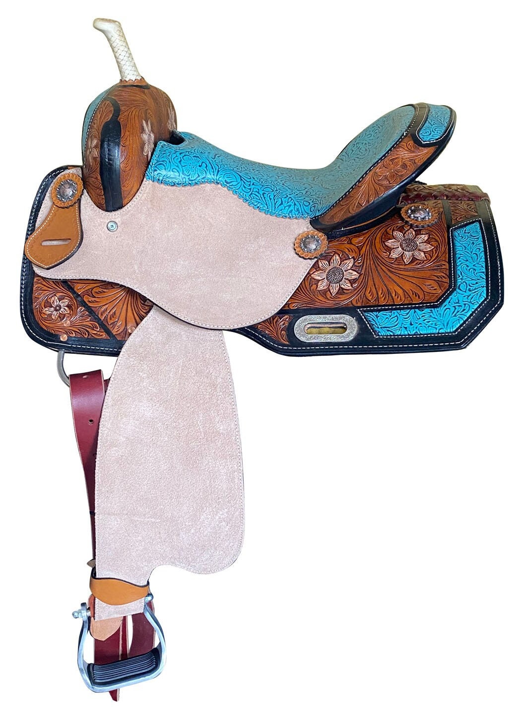 MOUSM Western Horse Saddle - Built on a Rawhide Covered Fiber Tree, Genuine Leather Barrel Saddle with Hand-Tooled Flower Design and Fancy Concho, Seat Size: 14"-17" Inches