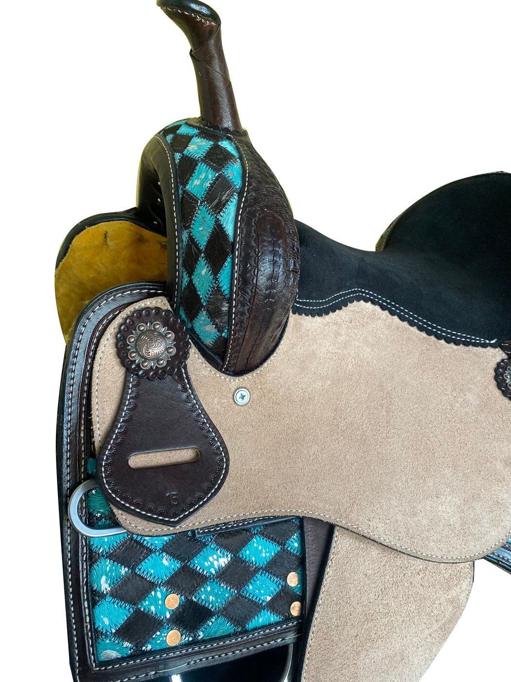 MOUSM Horse Saddle - Built on a Rawhide Covered Fiber Tree, Western Saddle Made from Genuine Leather Black and Turquoise Checkered Design, Seat Sizes: 14"-17" Inches