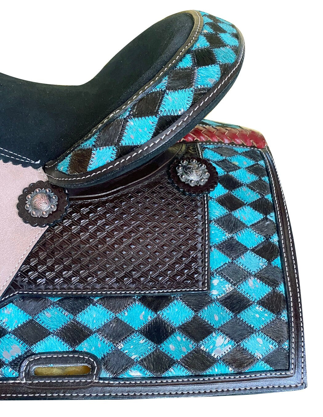 MOUSM Horse Saddle - Built on a Rawhide Covered Fiber Tree, Western Saddle Made from Genuine Leather Black and Turquoise Checkered Design, Seat Sizes: 14"-17" Inches