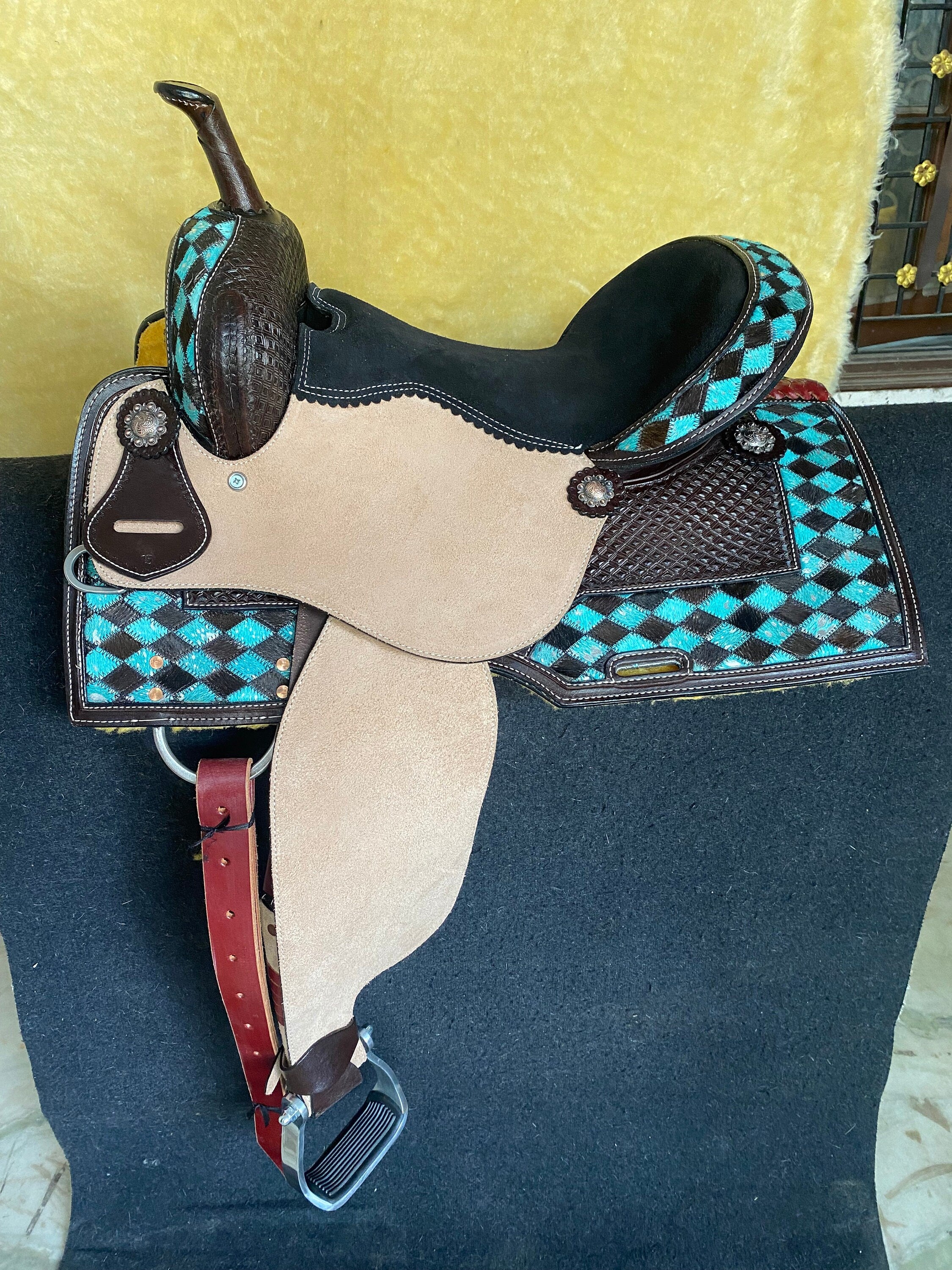 MOUSM Horse Saddle - Built on a Rawhide Covered Fiber Tree, Western Saddle Made from Genuine Leather Black and Turquoise Checkered Design, Seat Sizes: 14"-17" Inches