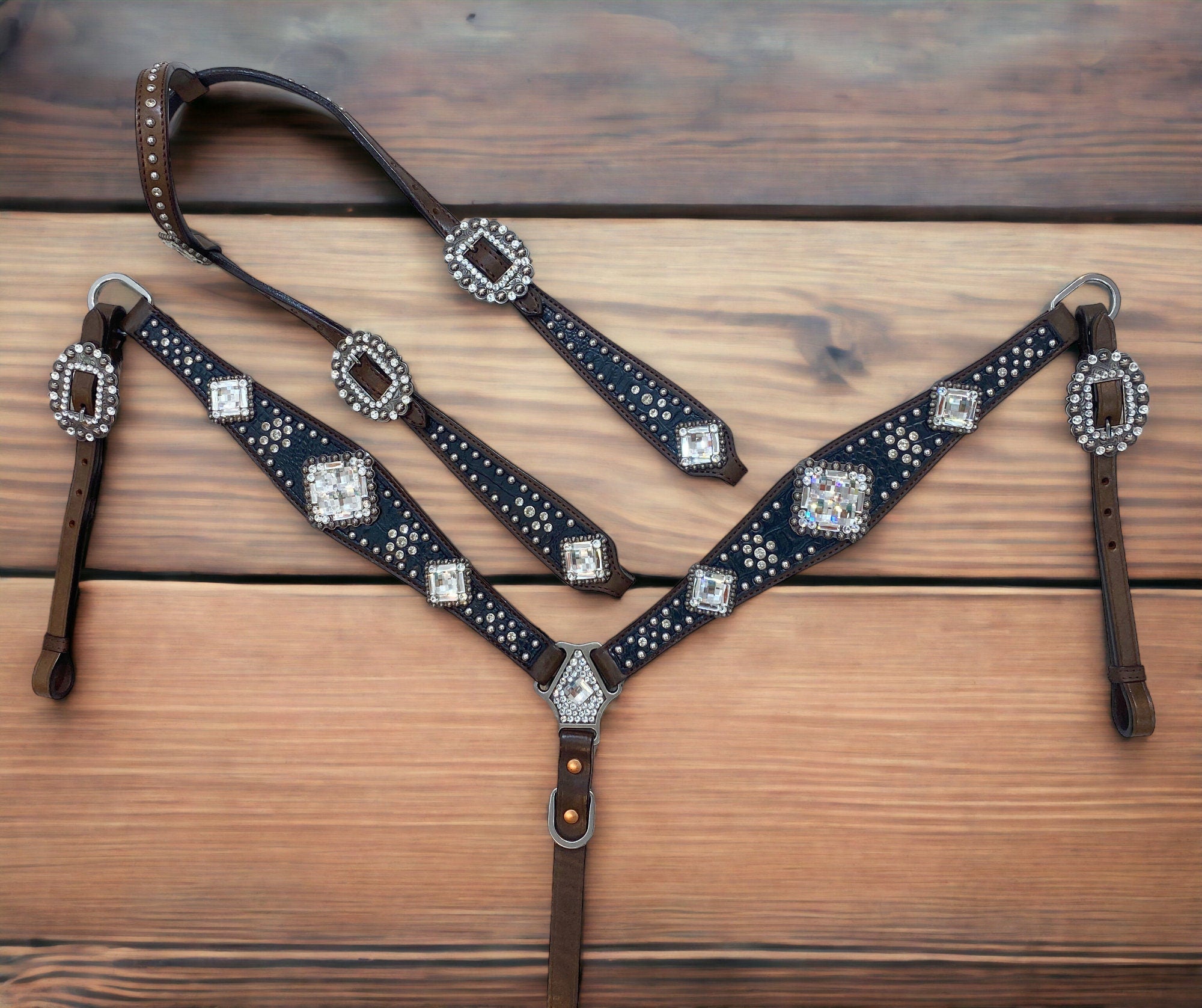 MOUSM Western Headstall and Breast Collar Set – Made from Argentina Cow Leather, Horse Tack Set with Crystal Clear Rhinestone Conchos, Nickel Studs on Black Alligator Print