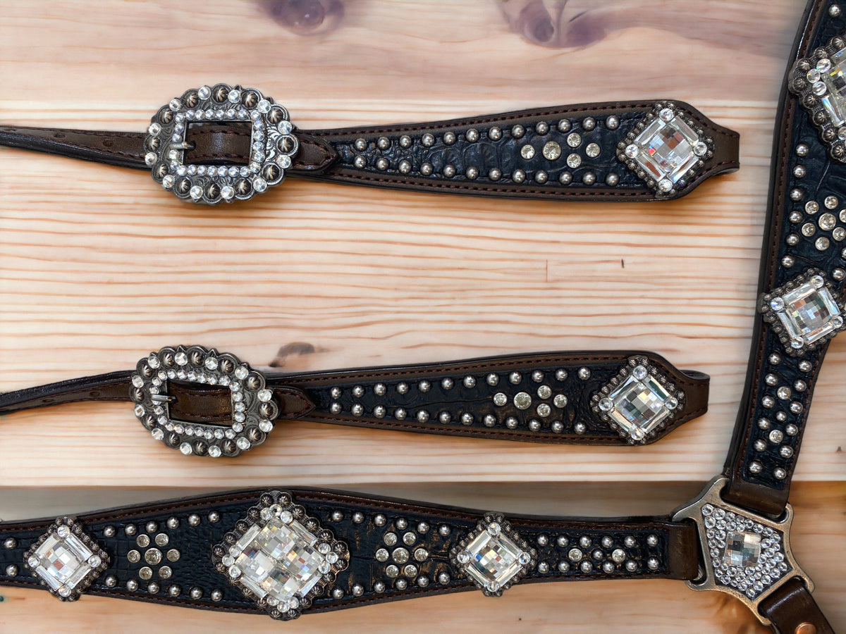 Black Alligator Print & Silver Studs Western One Ear Headstall Set