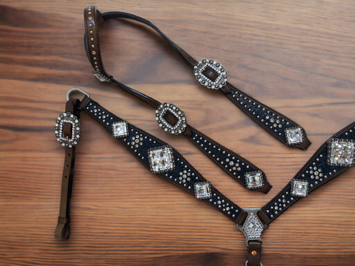 Black Alligator Print & Silver Studs Western One Ear Headstall Set