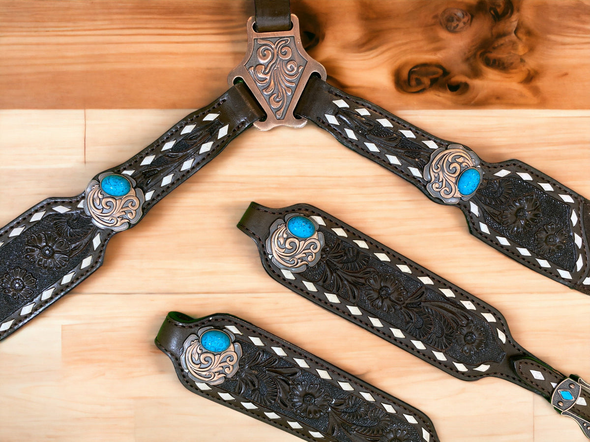 Hand Carved Floral with Rawhide Buck Stitching Headstall Set