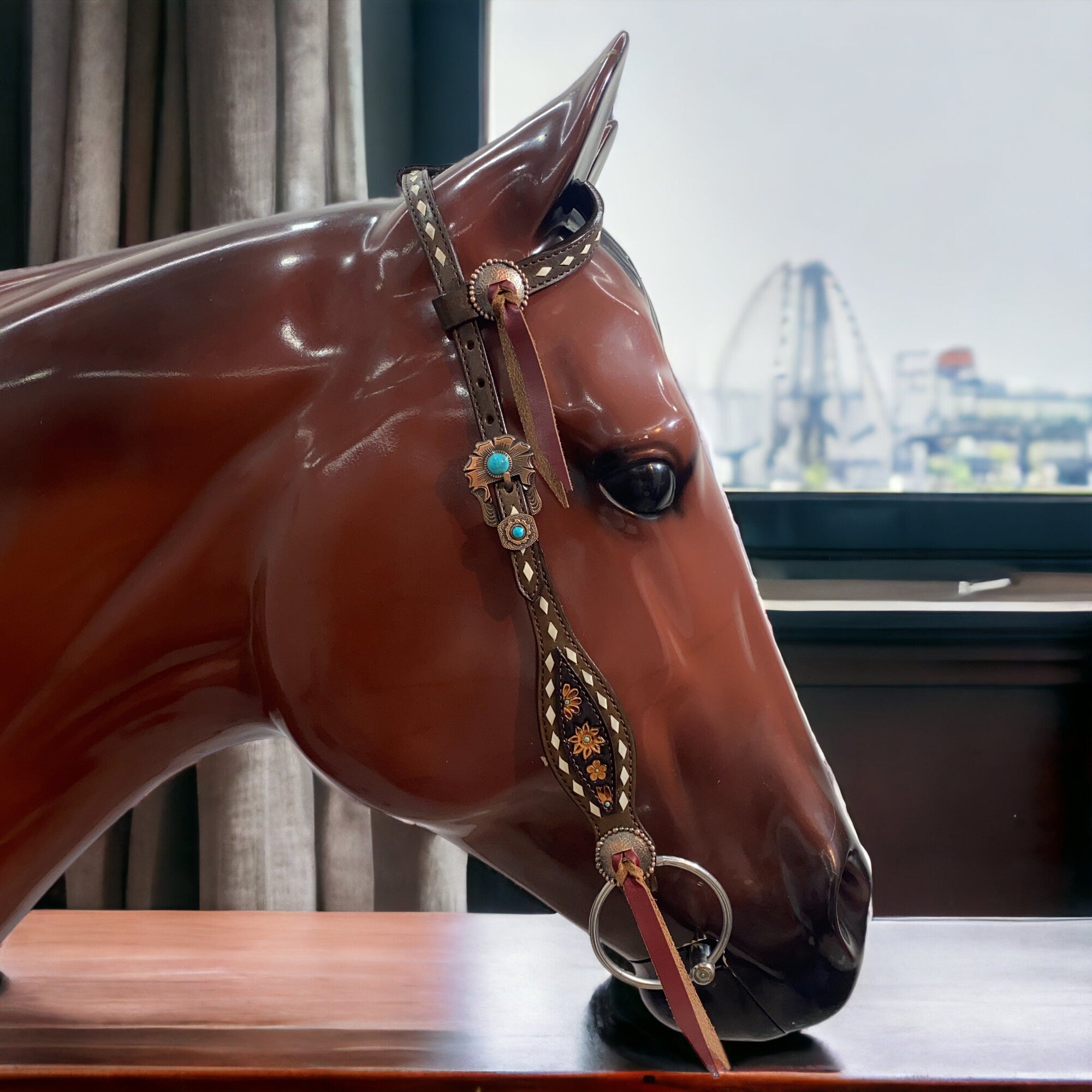 MOUSM Western Horse Bridle & Breast Collar Set – Made with Argentina Cow Leather, Hand-Carved Floral Design with Buck Stitching & String Conchos