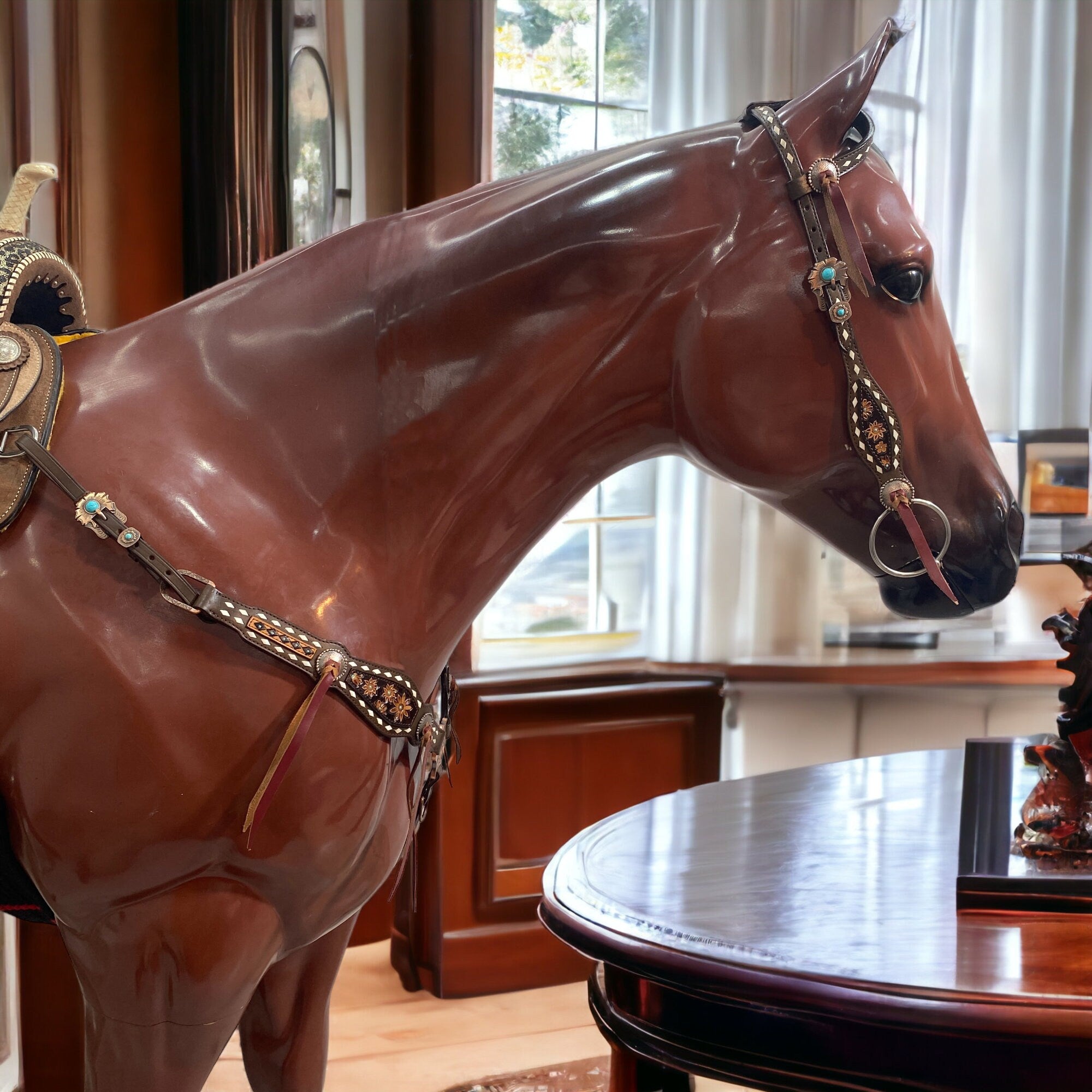 MOUSM Western Horse Bridle & Breast Collar Set – Made with Argentina Cow Leather, Hand-Carved Floral Design with Buck Stitching & String Conchos