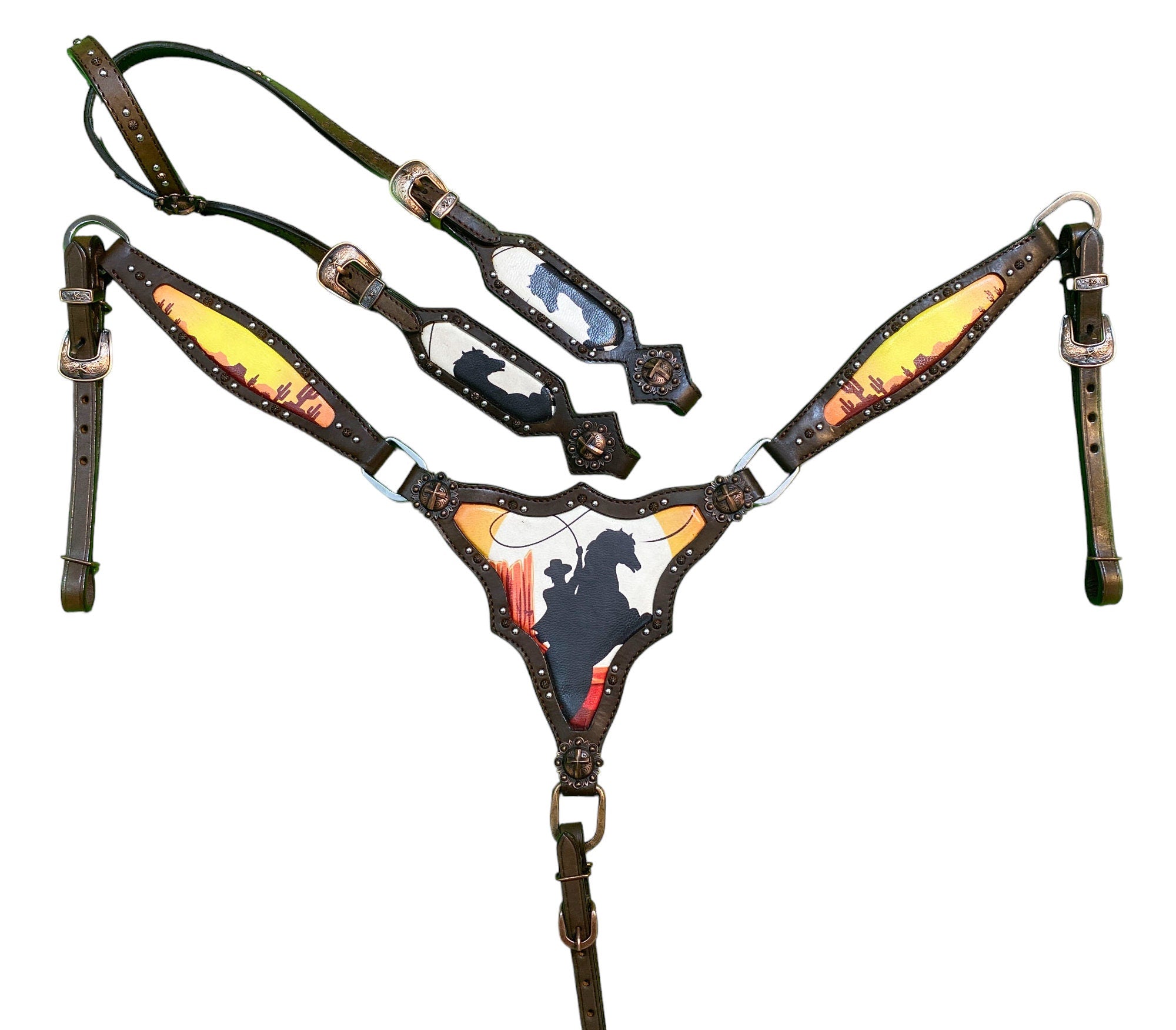 MOUSM Argentina Cow Leather Western Bridle and Breast Collar Set, Horse Tack Set with Vintage Bucking on Desert Print & Antique Copper Hardware