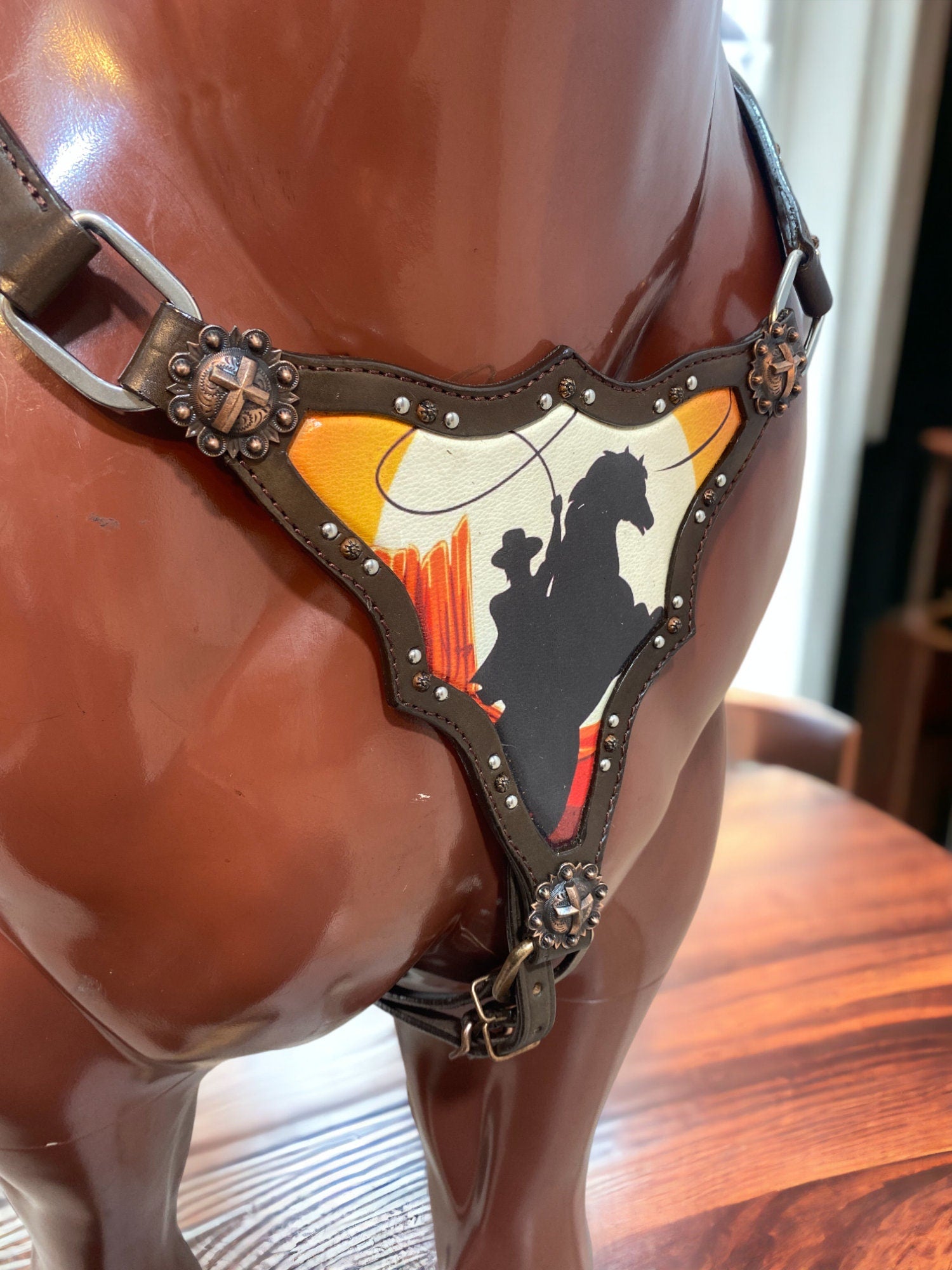 MOUSM Argentina Cow Leather Western Bridle and Breast Collar Set, Horse Tack Set with Vintage Bucking on Desert Print & Antique Copper Hardware