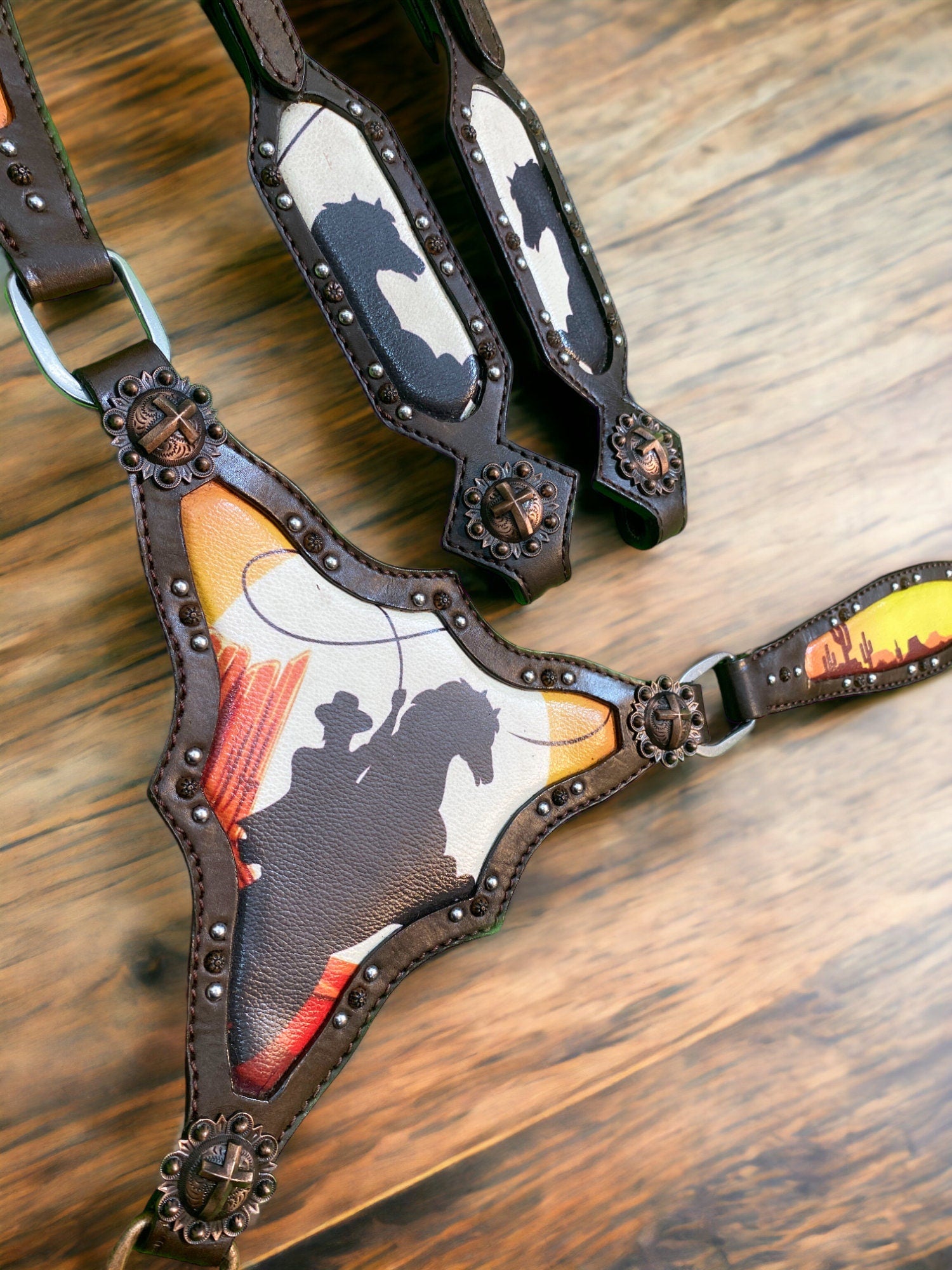 MOUSM Argentina Cow Leather Western Bridle and Breast Collar Set, Horse Tack Set with Vintage Bucking on Desert Print & Antique Copper Hardware