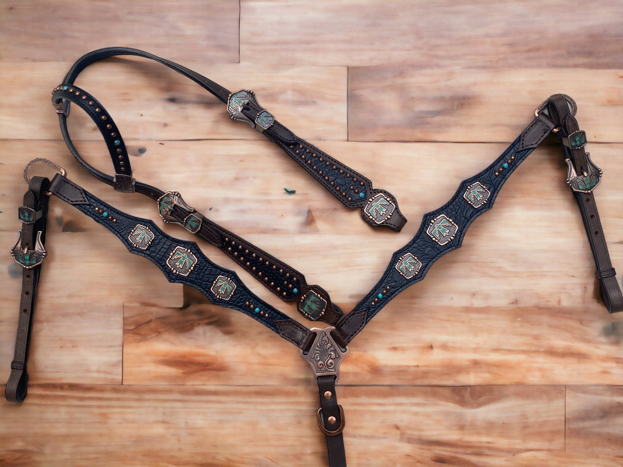 MOUSM Argentina Cow Leather Headstall & Breast Collar Set – Western Horse Tack with Turquoise Aztec Egyptian Bird Conchos & Black Croc Print