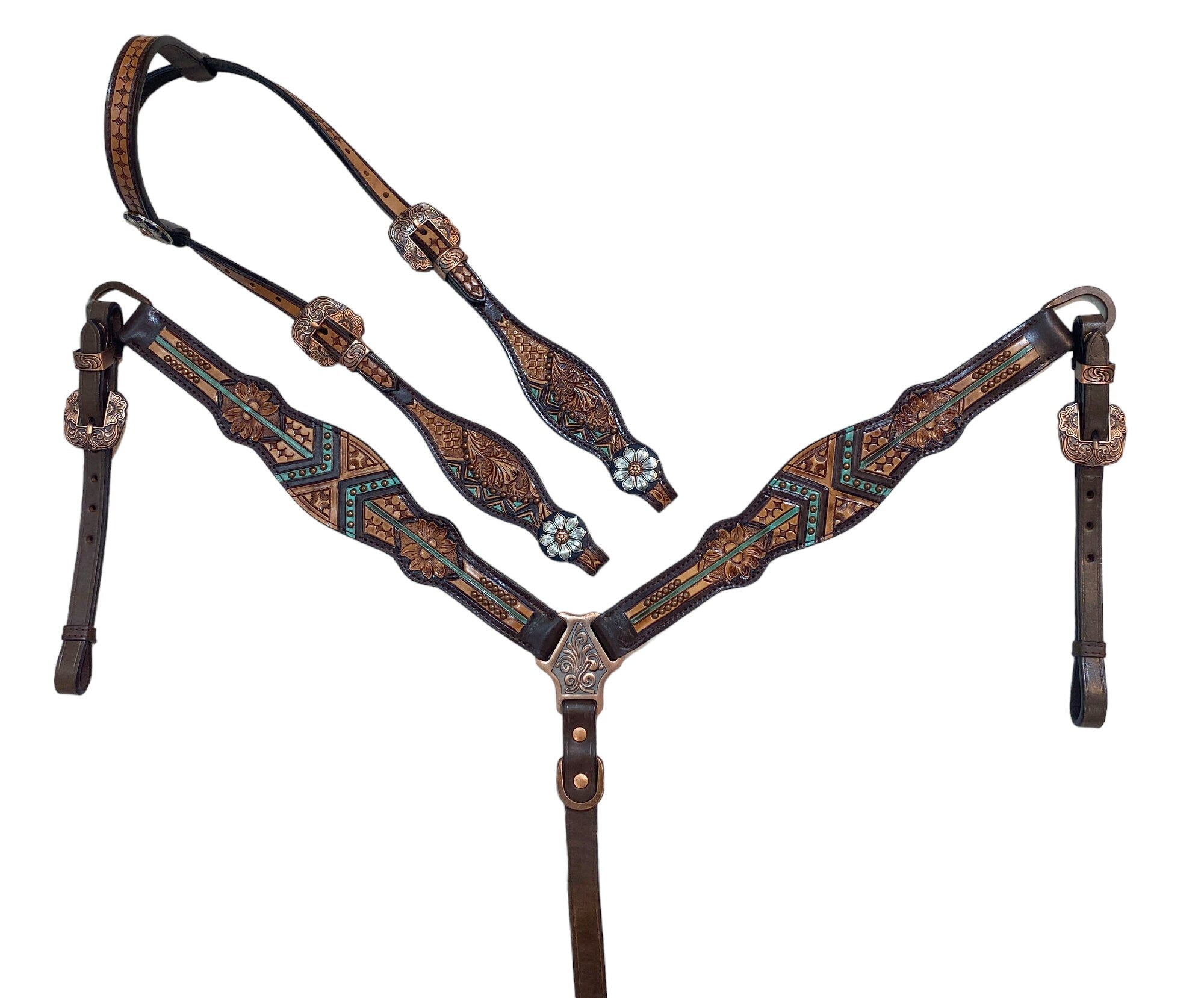 MOUSM Argentina Cow Leather Headstall and Breast Collar Set – Western Horse Tack with Geometrical Flower Carving & Copper Studs