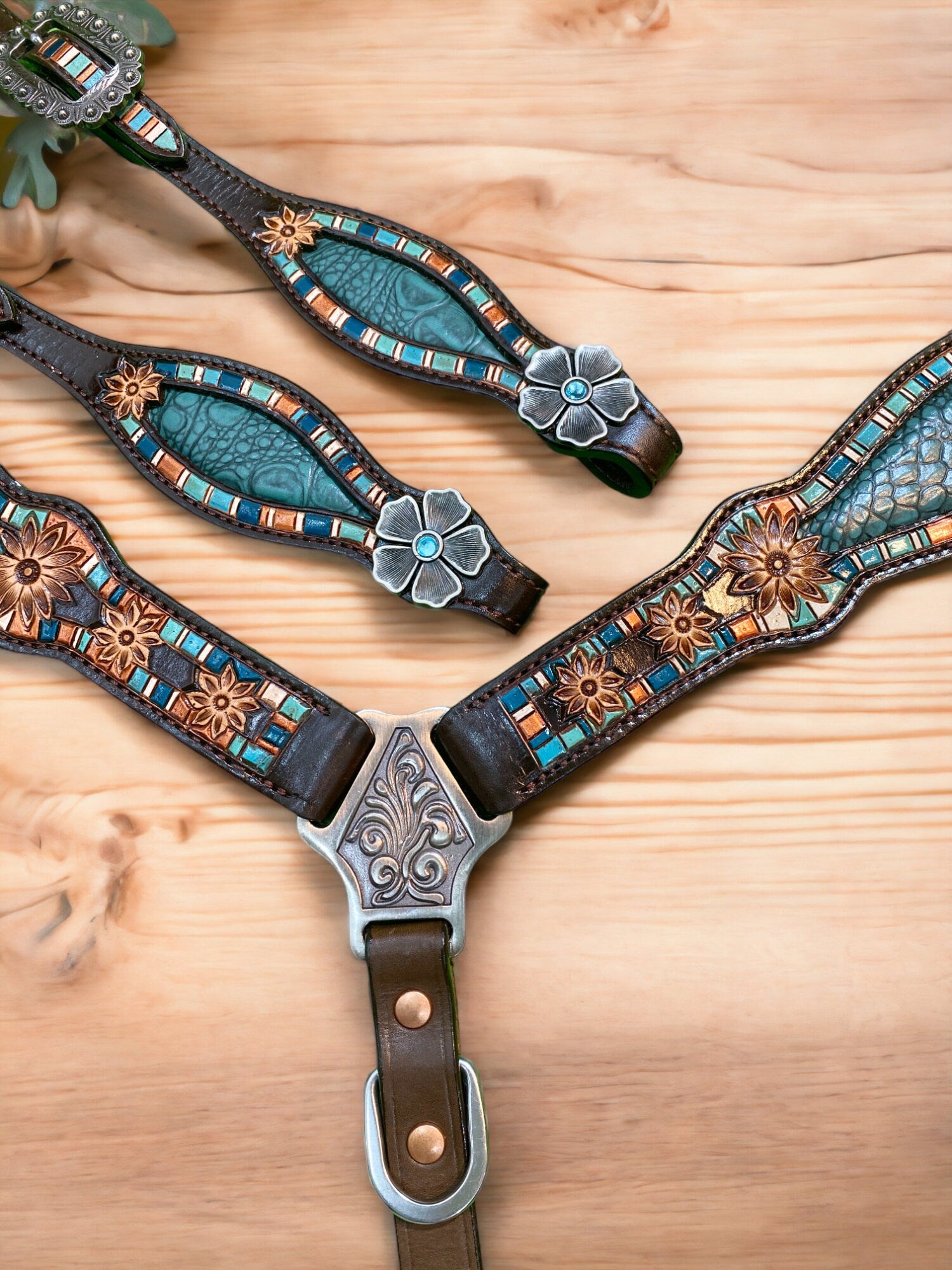 MOUSM Argentina Cow Leather Headstall & Breast Collar Set for Horse, Western Headstall Set in Teal Alligator Design with Hand-Tooled Flower Craving