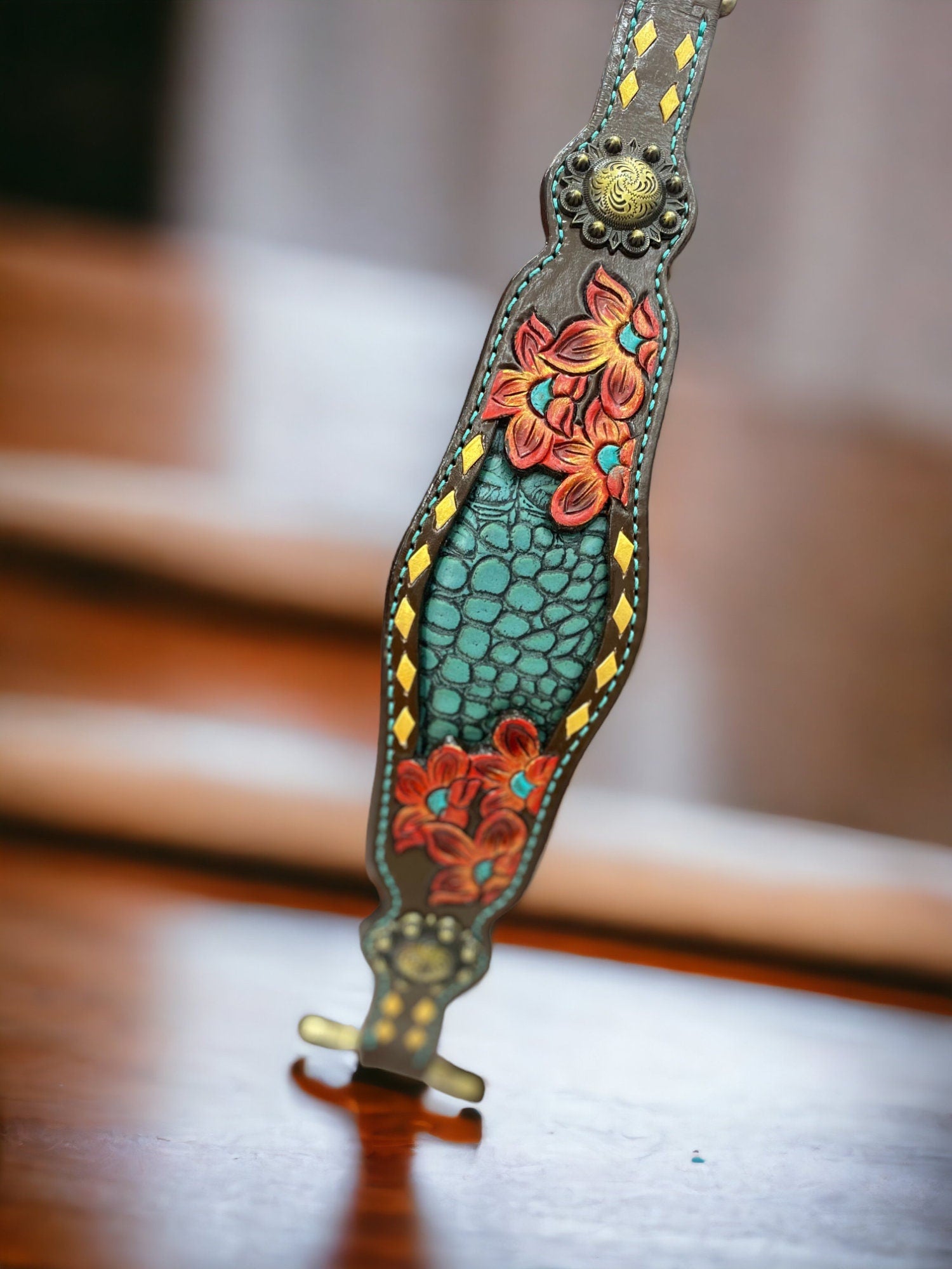 MOUSM Western Horse Tack Set - Made with Argentina Cow leather, Headstall & Breast Collar Set Decorated with Hand-Carved & Painted Floral Design, Buckles with Turquoise Stones, and Turquoise Leather Inlay