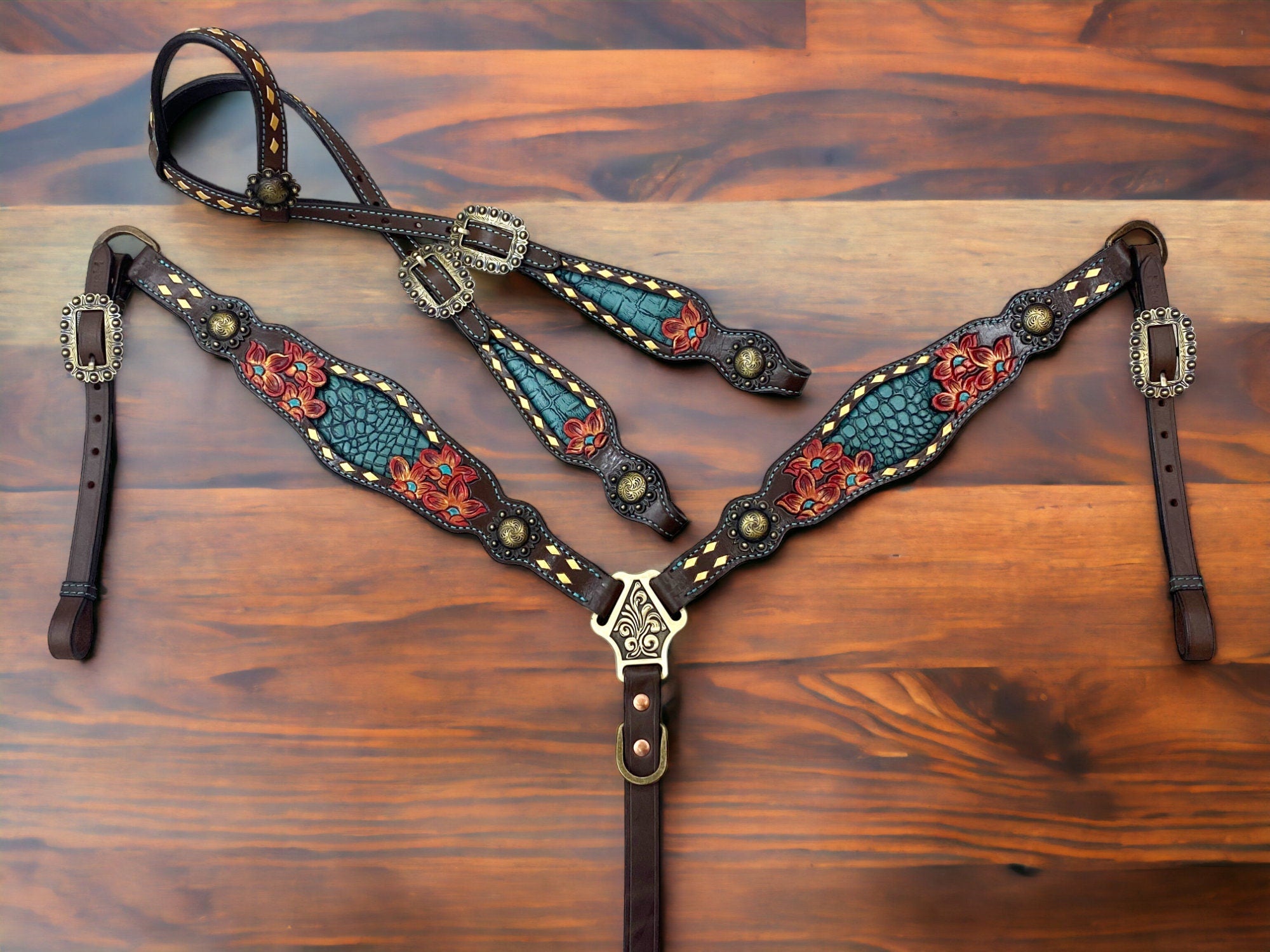 MOUSM Western Horse Tack Set - Made with Argentina Cow leather, Headstall & Breast Collar Set Decorated with Hand-Carved & Painted Floral Design, Buckles with Turquoise Stones, and Turquoise Leather Inlay