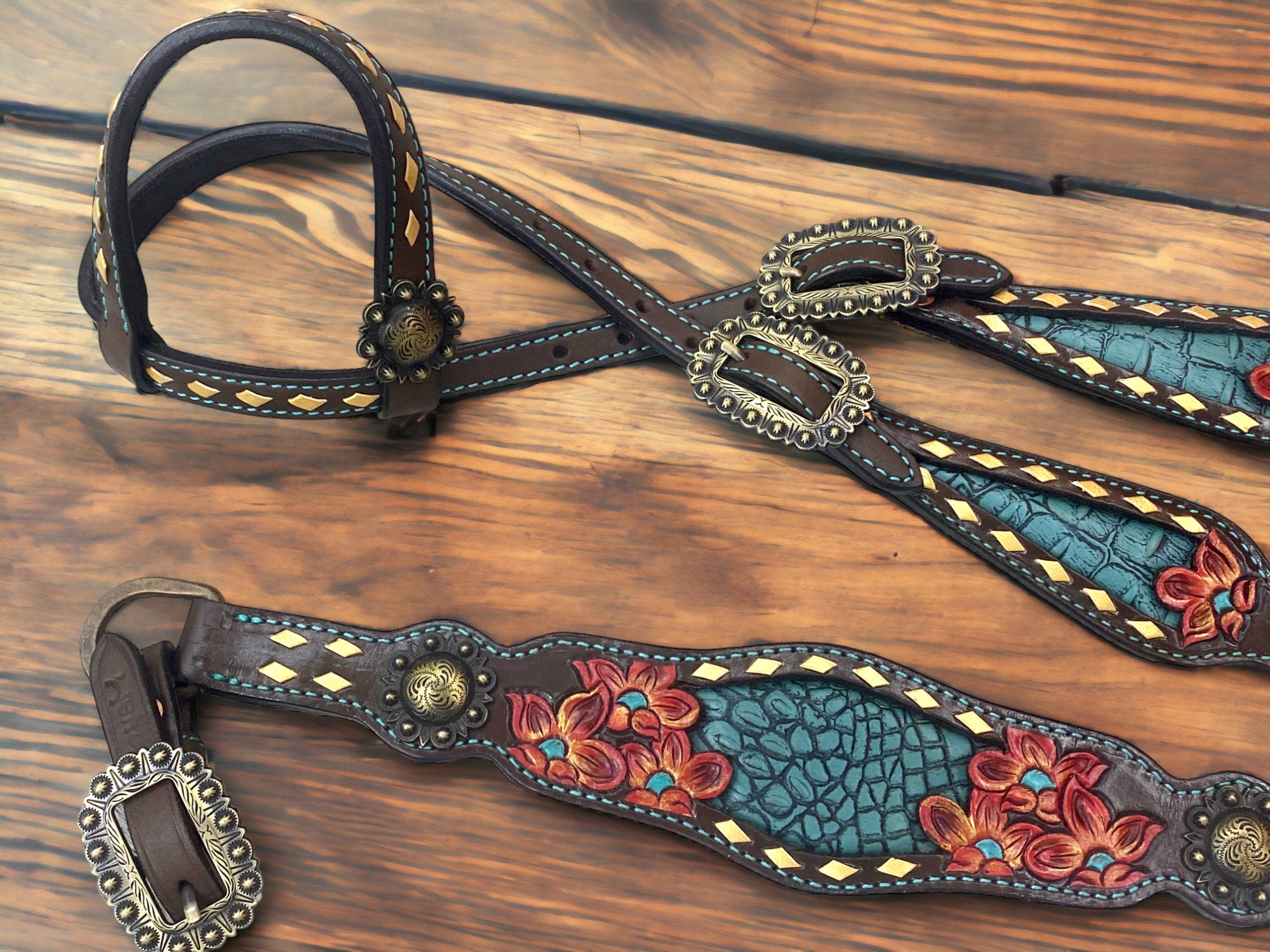 MOUSM Western Horse Tack Set - Made with Argentina Cow leather, Headstall & Breast Collar Set Decorated with Hand-Carved & Painted Floral Design, Buckles with Turquoise Stones, and Turquoise Leather Inlay