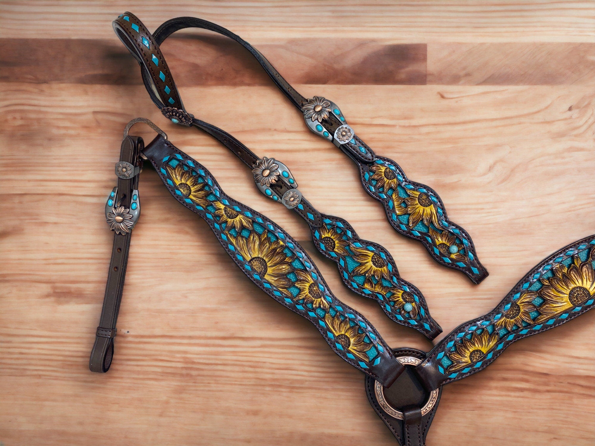 MOUSM Argentina Cow Leather Headstall and Breast Collar Set – Western Horse Tack with Hand-Painted Sunflower Carving & Teal Rawhide Backstitching