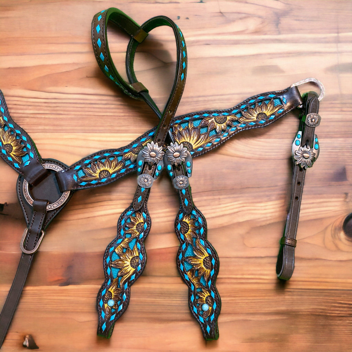 Hand-Painted Sunflower Carving Headstall Tack Set