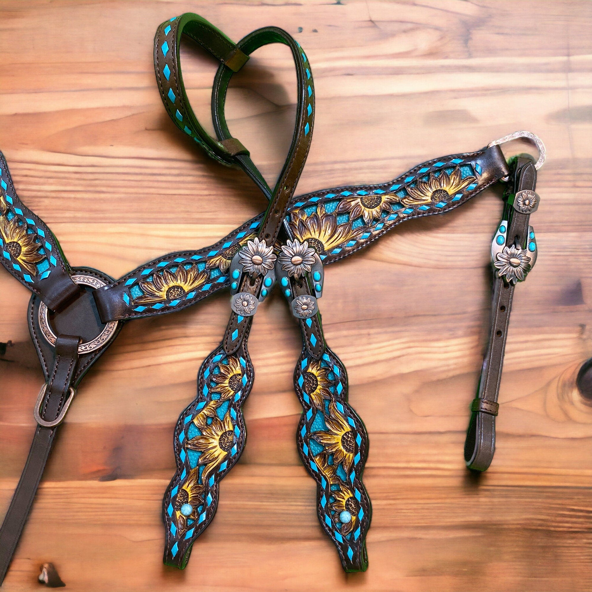 MOUSM Argentina Cow Leather Headstall and Breast Collar Set – Western Horse Tack with Hand-Painted Sunflower Carving & Teal Rawhide Backstitching