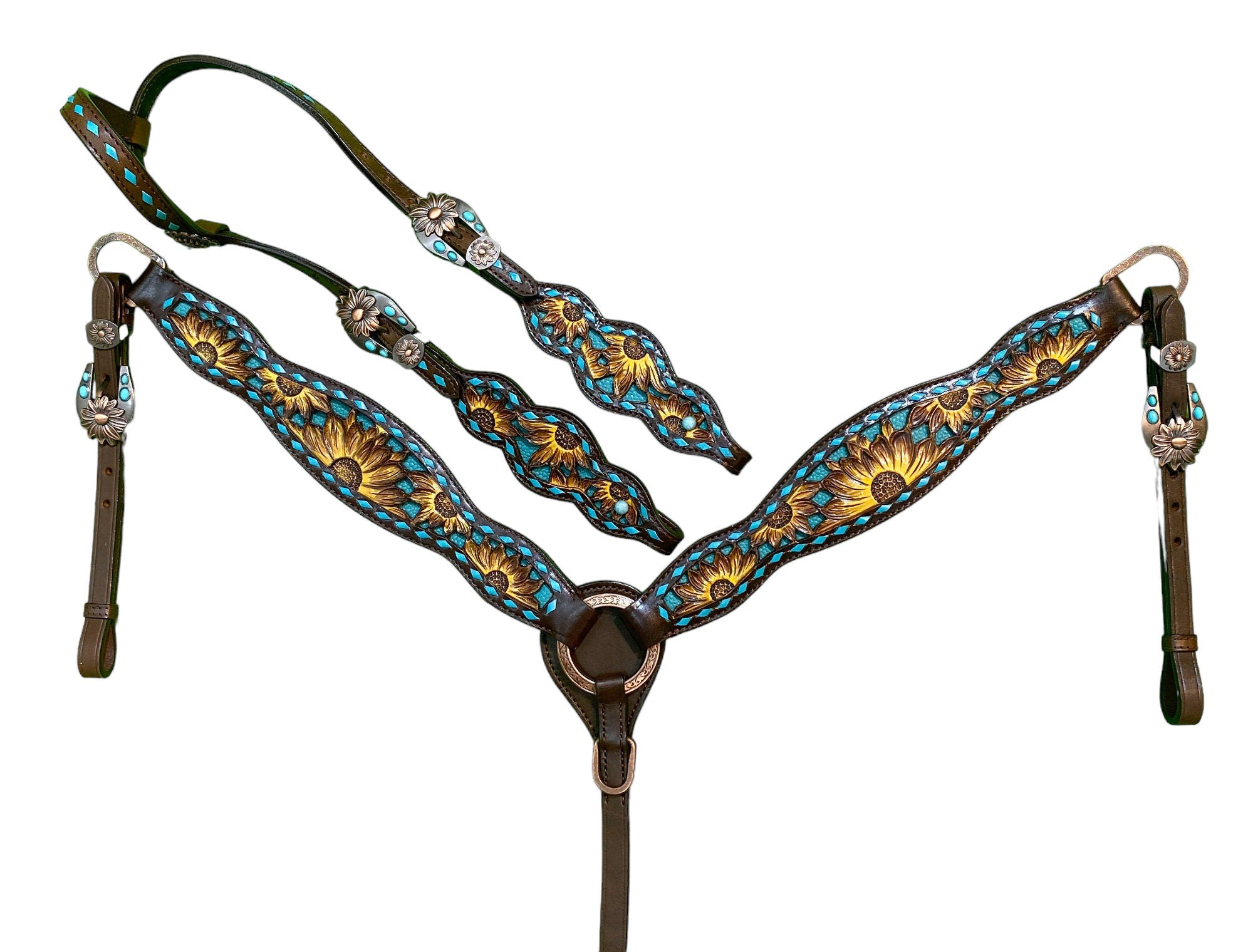 MOUSM Argentina Cow Leather Headstall and Breast Collar Set – Western Horse Tack with Hand-Painted Sunflower Carving & Teal Rawhide Backstitching