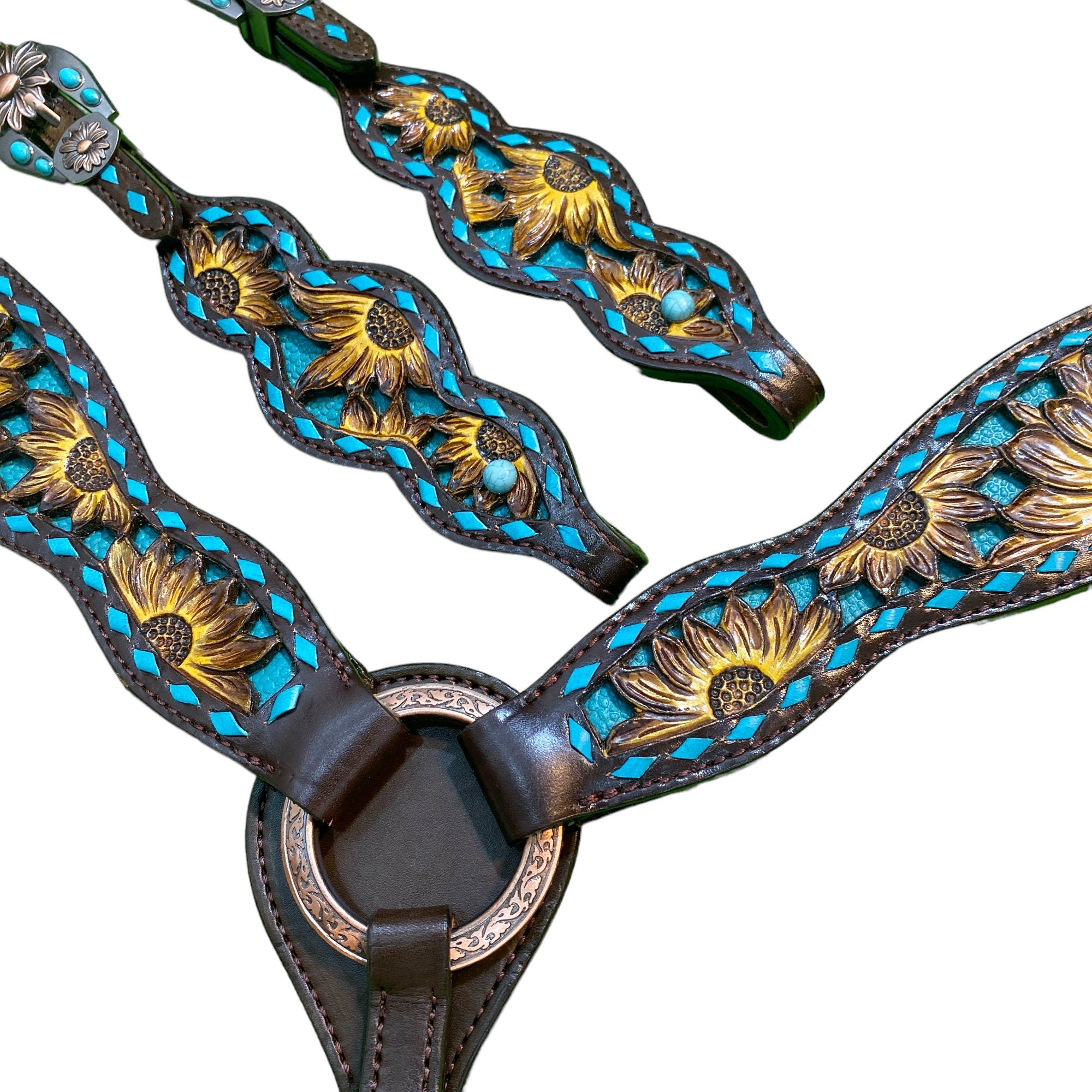 MOUSM Argentina Cow Leather Headstall and Breast Collar Set – Western Horse Tack with Hand-Painted Sunflower Carving & Teal Rawhide Backstitching