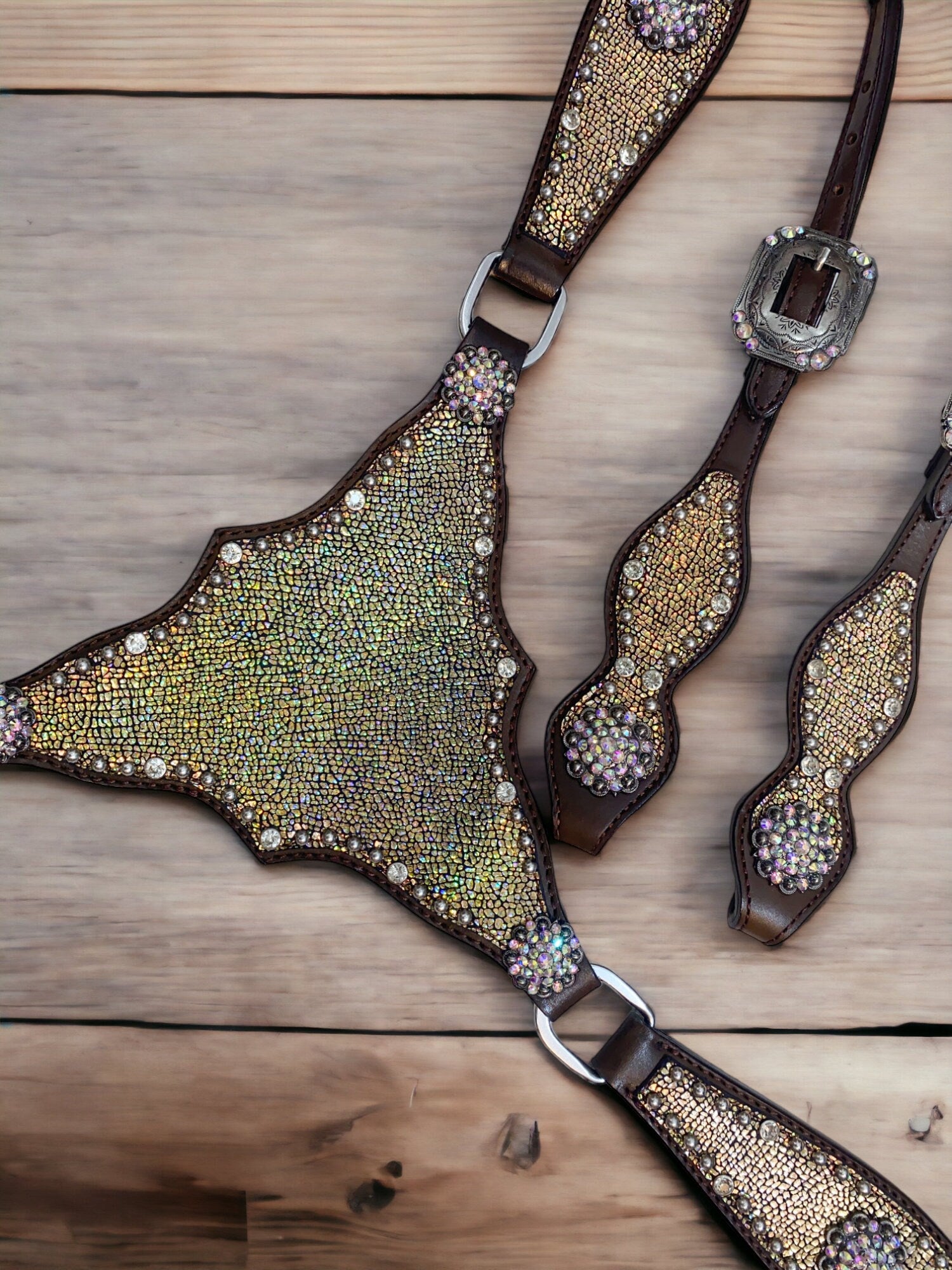 MOUSM Argentina Cow Leather Headstall & Breast Collar Set – Western Horse Tack with Holographic Metallic Leather & Antique Nickel Hardware