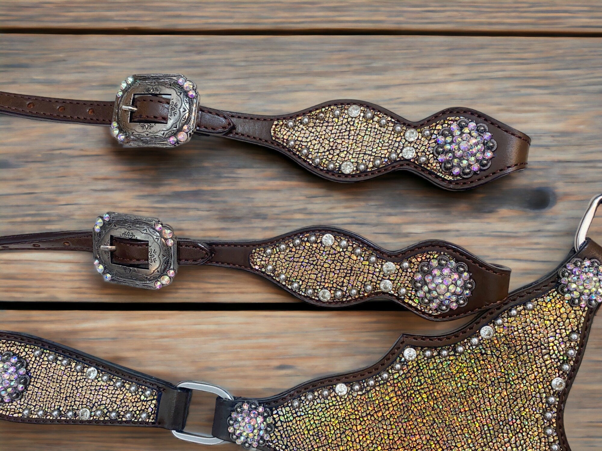 MOUSM Argentina Cow Leather Headstall & Breast Collar Set – Western Horse Tack with Holographic Metallic Leather & Antique Nickel Hardware