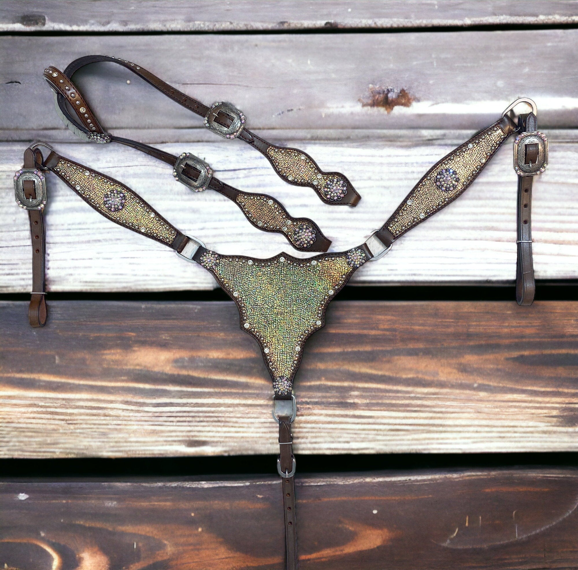 MOUSM Argentina Cow Leather Headstall & Breast Collar Set – Western Horse Tack with Holographic Metallic Leather & Antique Nickel Hardware