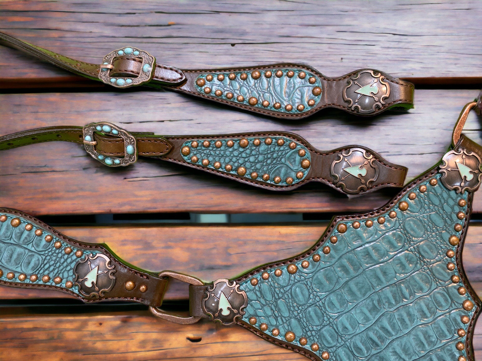 MOUSM Western Headstall & Breast Collar Set – Made with Argentina Cow Leather, Western Horse Tack with Teal Alligator Accents & Copper Studs